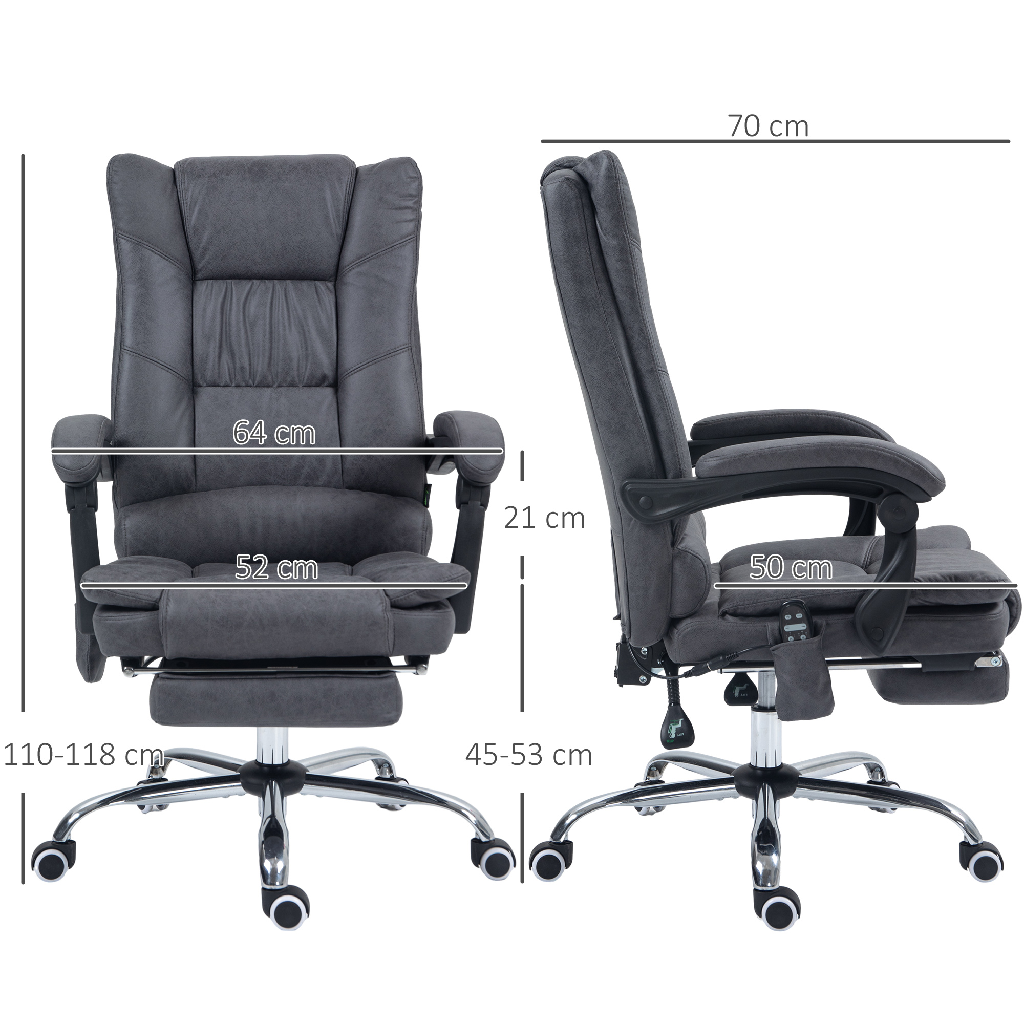Massagstuhl Bürostuhl mit Massagefunktion, inkl. Fußstütze, höhenverstellbar, 64 cm x 70 cm x 118 cm, Schwarz
