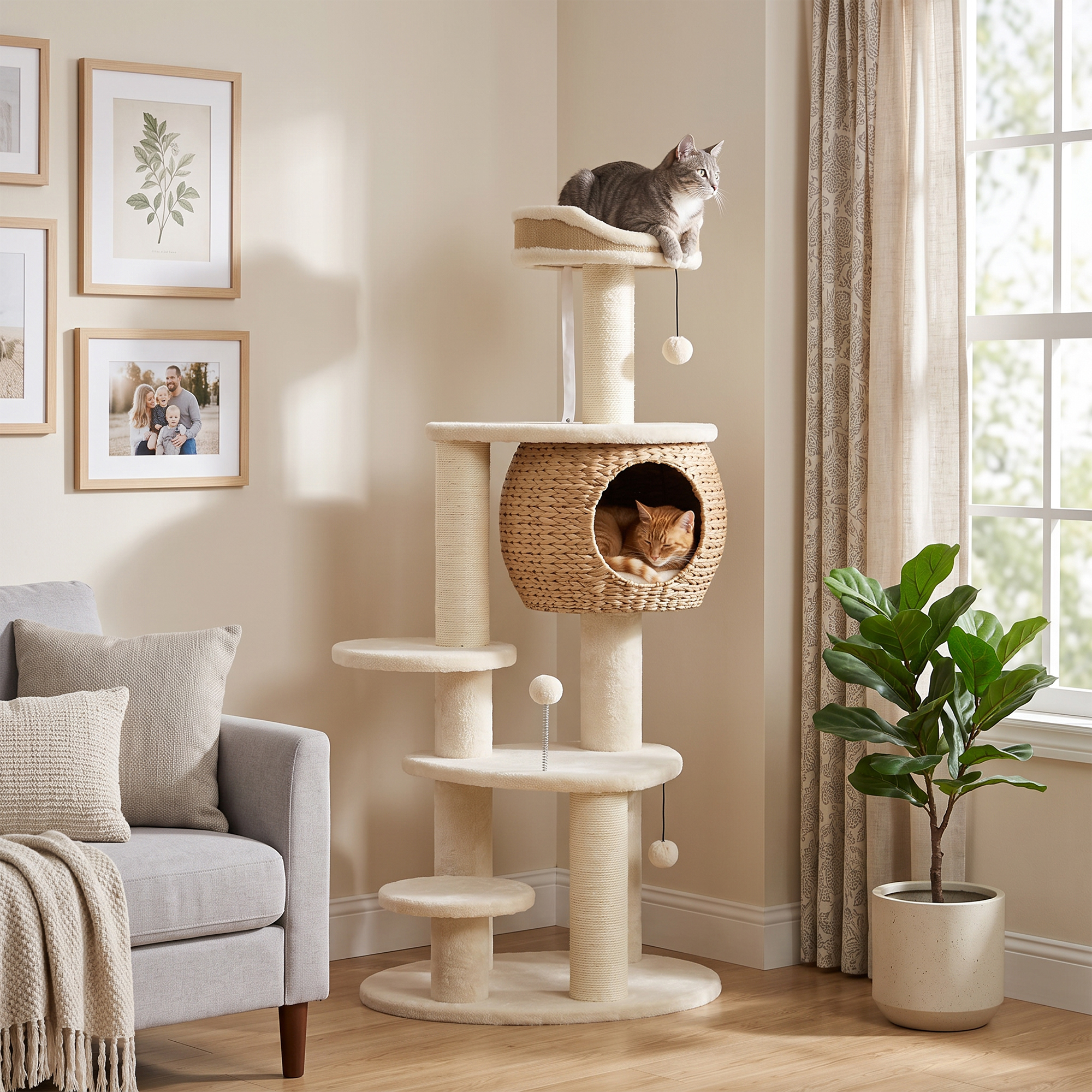 Kratzbaum Groß 132 cm hoch Katzenbaum mit Rohrkolben-Höhle Kratzstämmen Bett 3 Spielbällen Kippschutz 1-2 Katzen bis 6kg