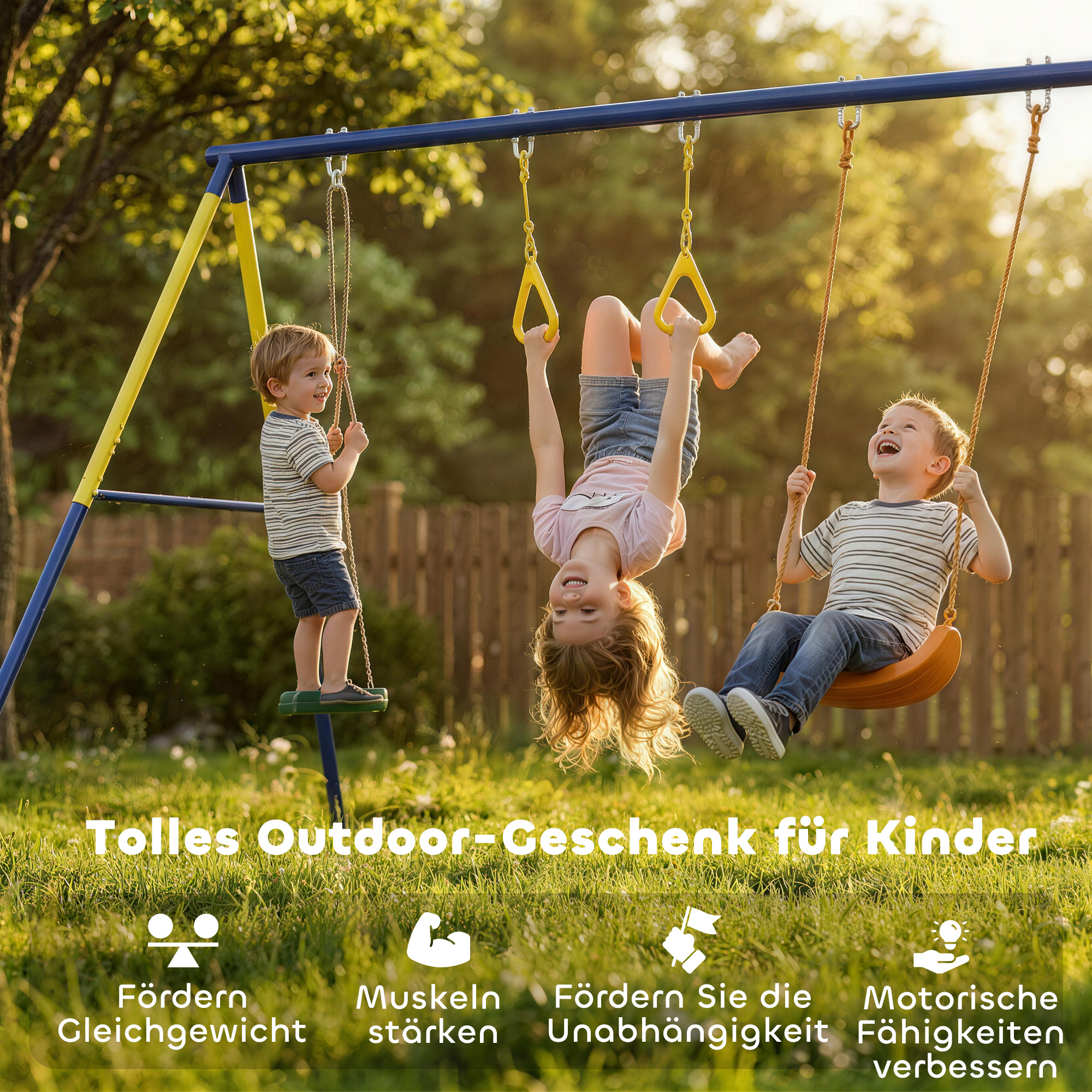 Schaukelgestell bis 150 kg 3-in-1 Kinderschaukel mit klassischer Schaukel, Turnringe, Stehschaukel, 285x160x181 cm