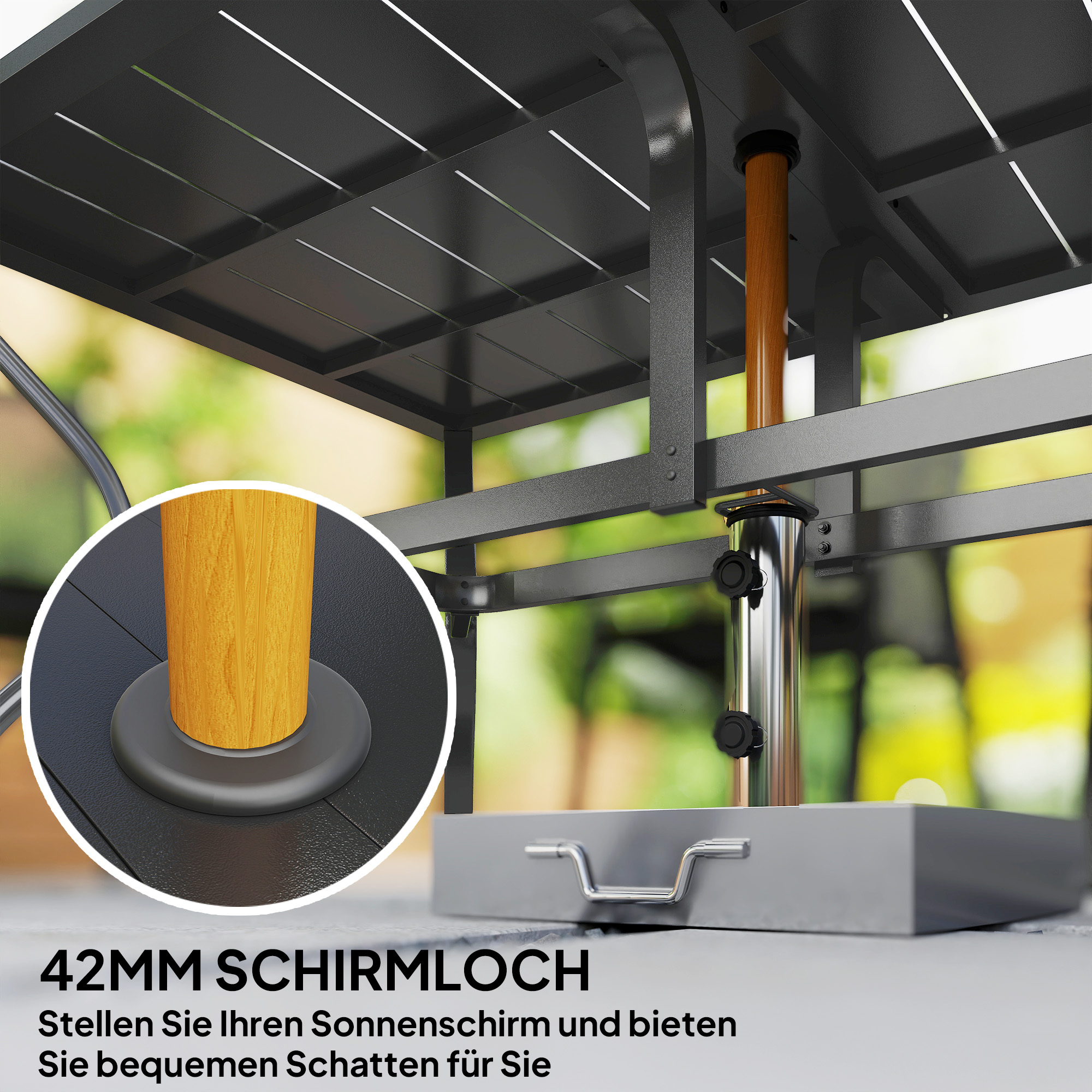 Gartentisch Stahl 150x90 cm Wetterfest Balkontisch mit Schirmloch, Lamellen-Design für 6 Personen Schwarz