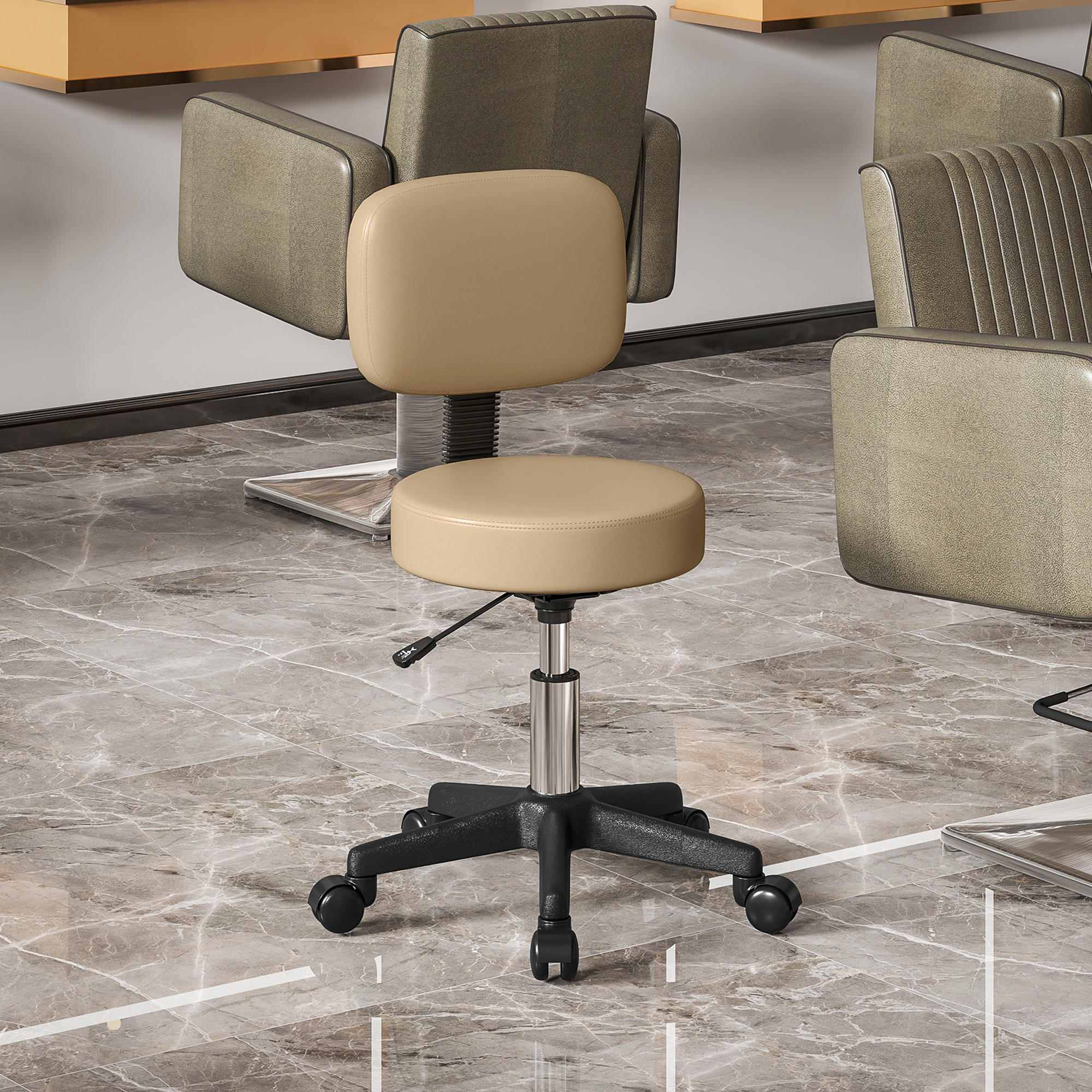 Rollhocker höhenverstellbar mit Rückenlehne 72-84 cm Hoch 360° Drehbar Arbeitshocker für Büro Salon Hellbraun
