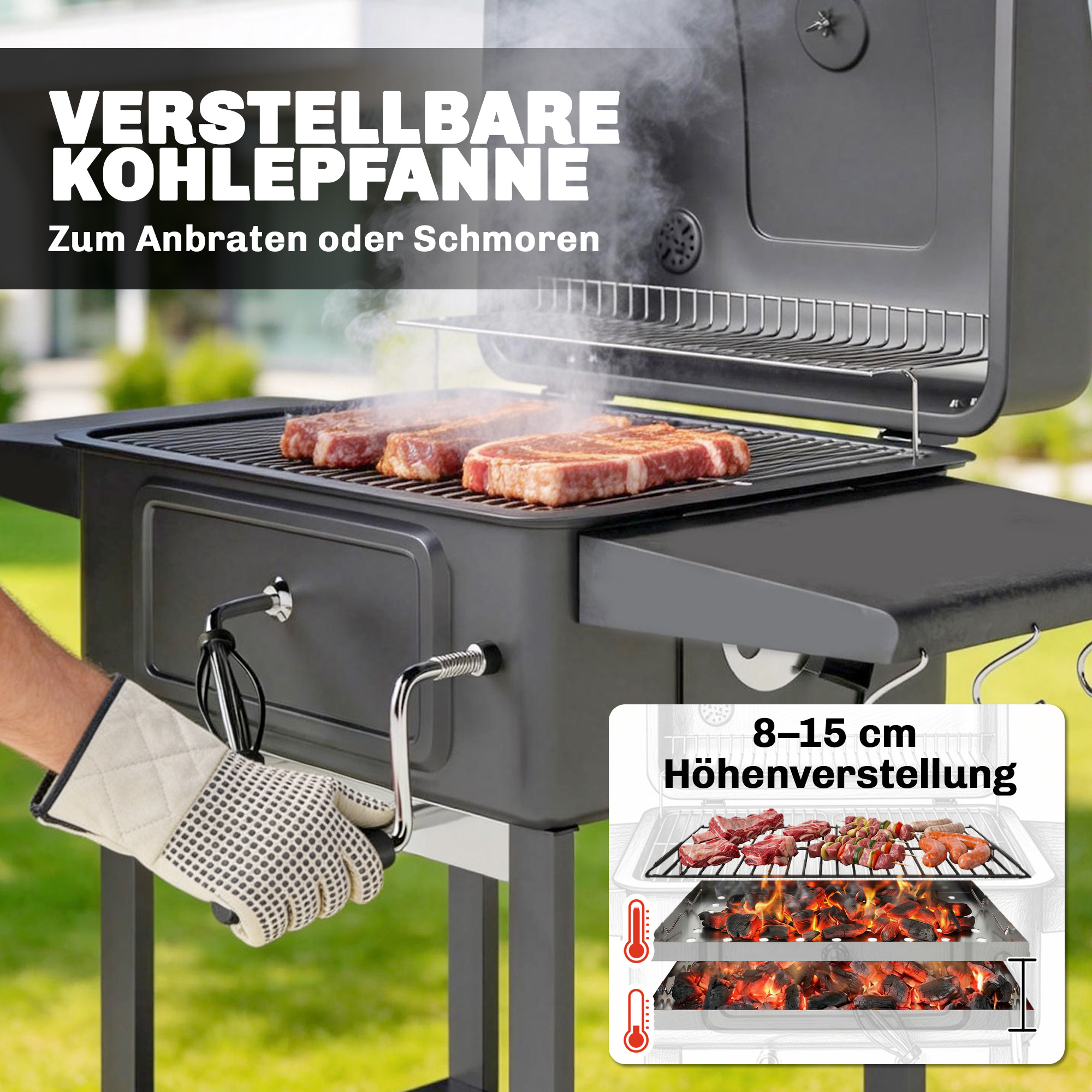 Holzkohlegrill BBQ Smoker mit Deckel Thermometer höhenverstellbar Kohlepfanne Kamin Grillrost Seitentisch Aschefach