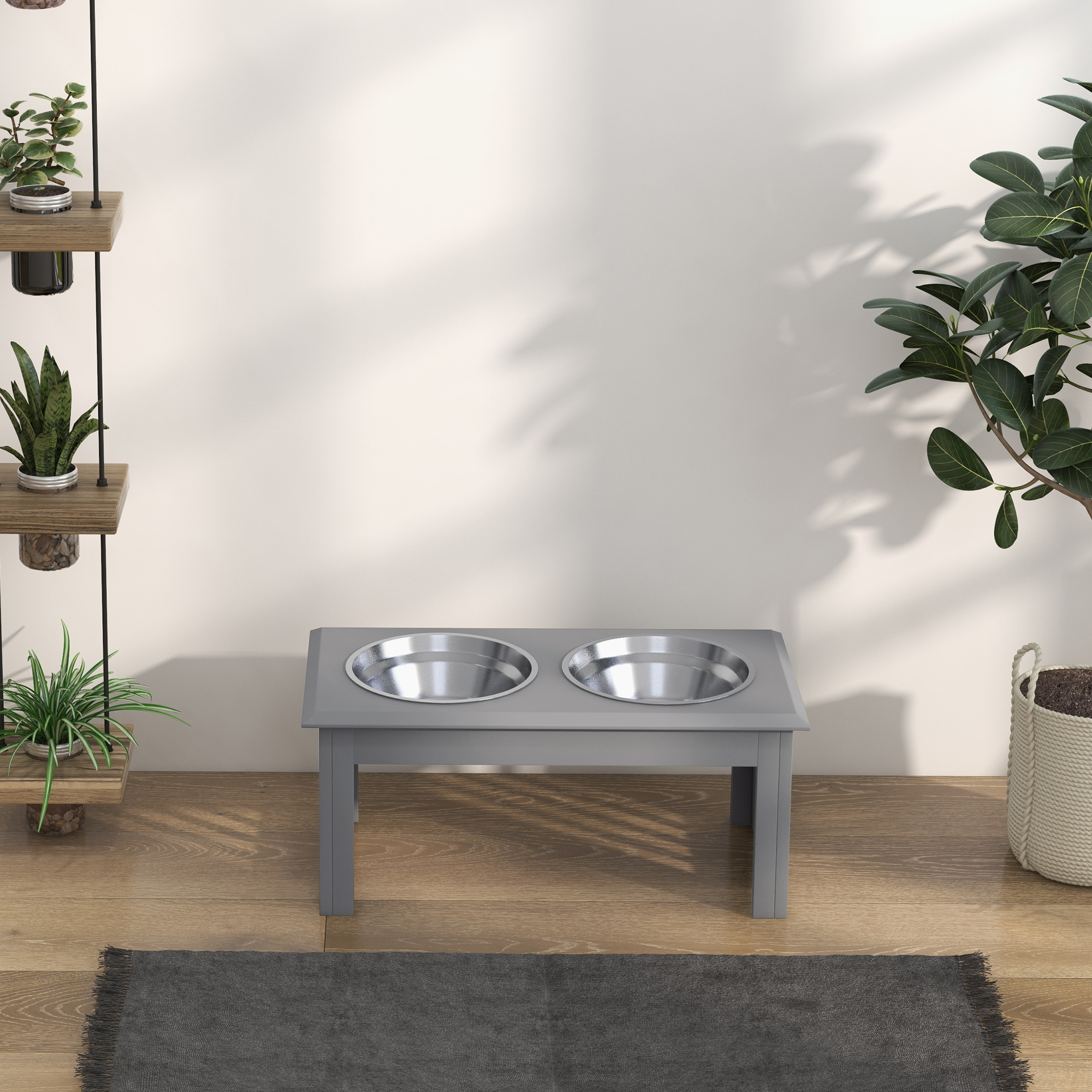 Hunde-Futterstation, 2 Edelstahlnäpfe, rutschfest, 58,4x30,5x25,4cm, Grau