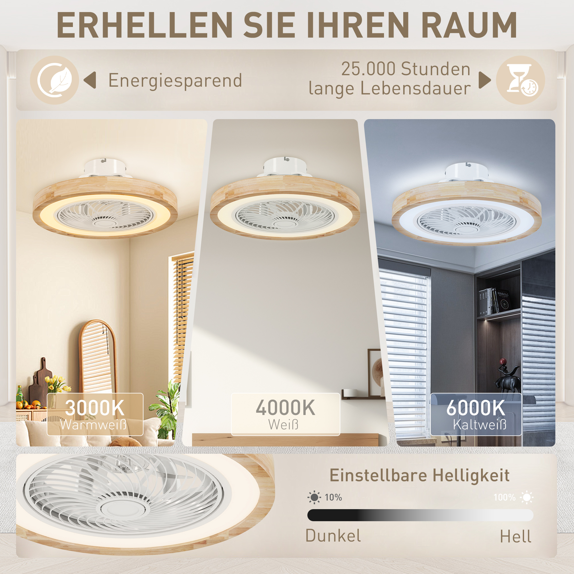 Deckenventilator mit Lampe und Fernbedienung, 6 Geschwindigkeiten, einstellbare Helligkeit, leiser Motor, Hellbraun