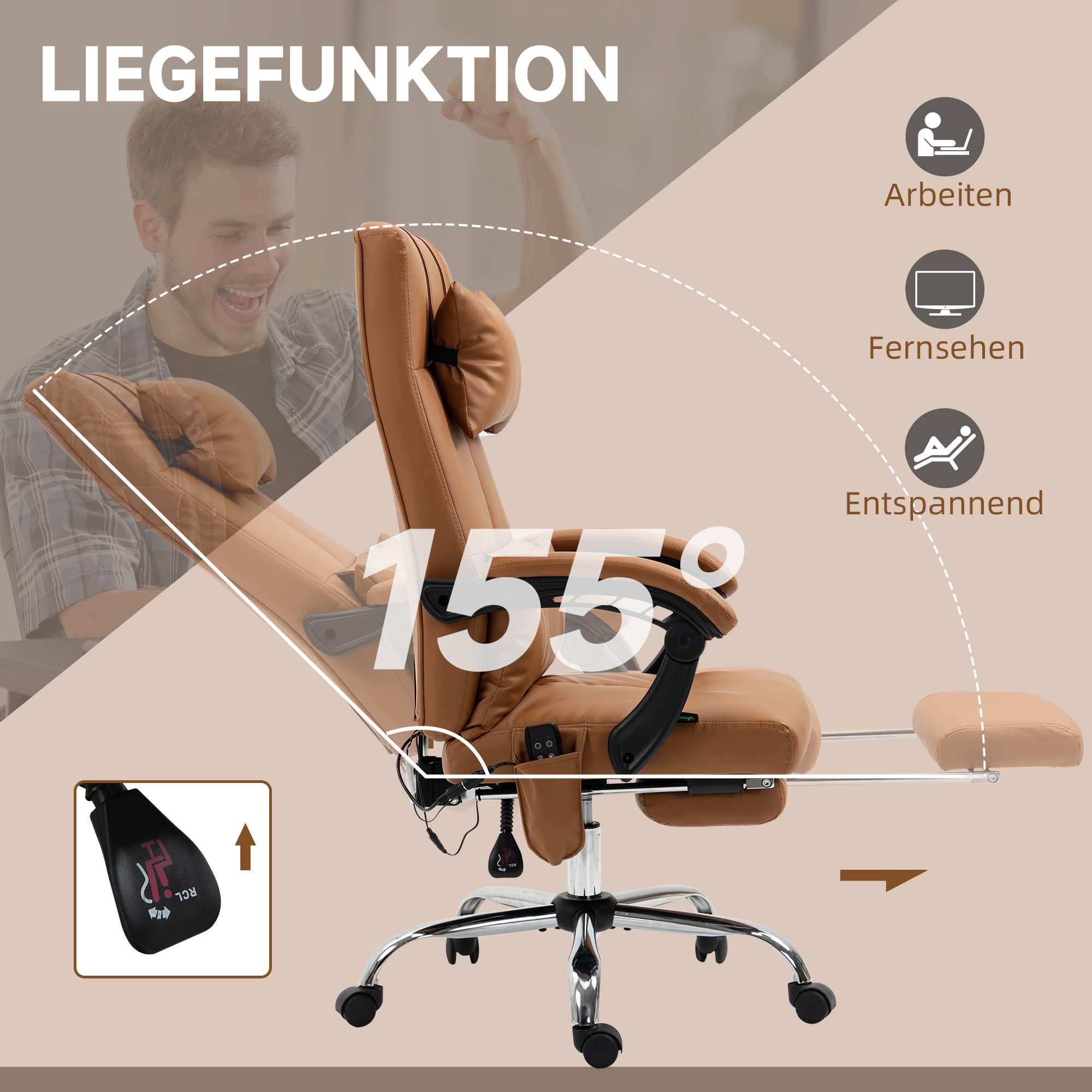 Bürostuhl mit Massagefunktion, ergonomisch, 66x67x114-122cm, Hellbraun