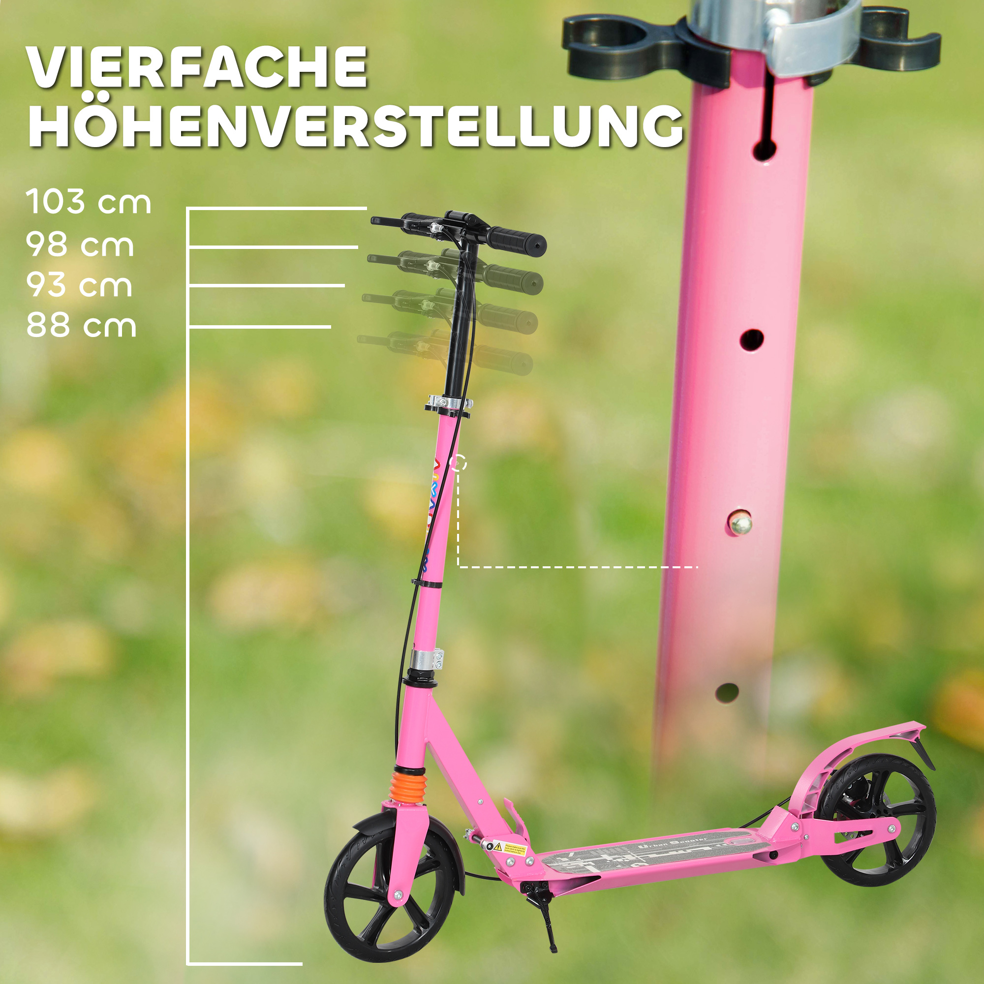 Roller Kinder Scooter mit verstellbaren Griffen klappbarer Kinderroller für Kinder 6-12 Jahre 94 x 36 x 88-103 cm Rosa