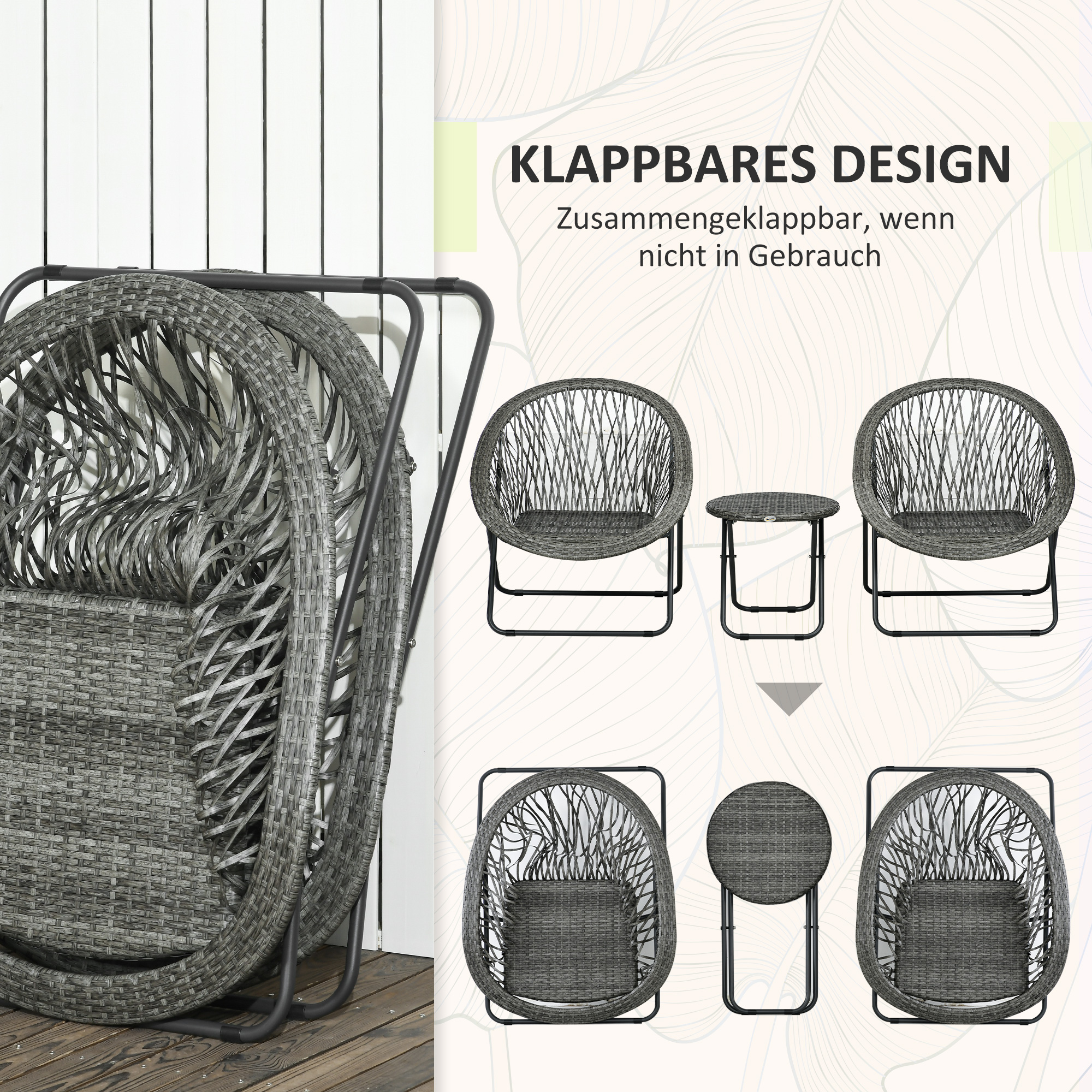 Gartenmöbel-Set, 3-teilig, Rattanoptik, 2 Stühle, 1 Tisch, klappbar, Grau