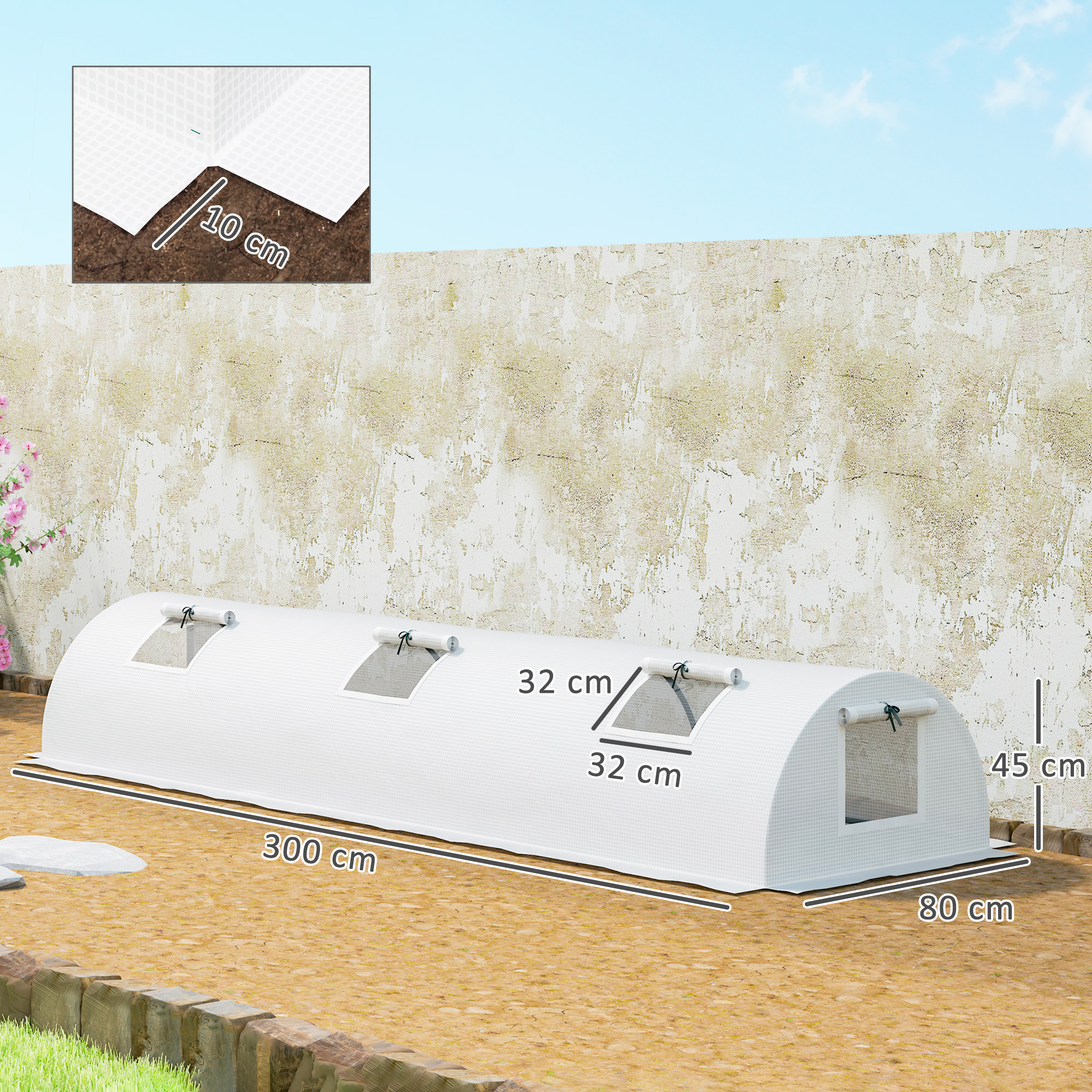 Foliengewächshaus, Mini-Tunnelgewächshaus mit Netz-Fenster, UV-beständig, Kunststoff-Folie, 300 x 80 x 45 cm, Weiß
