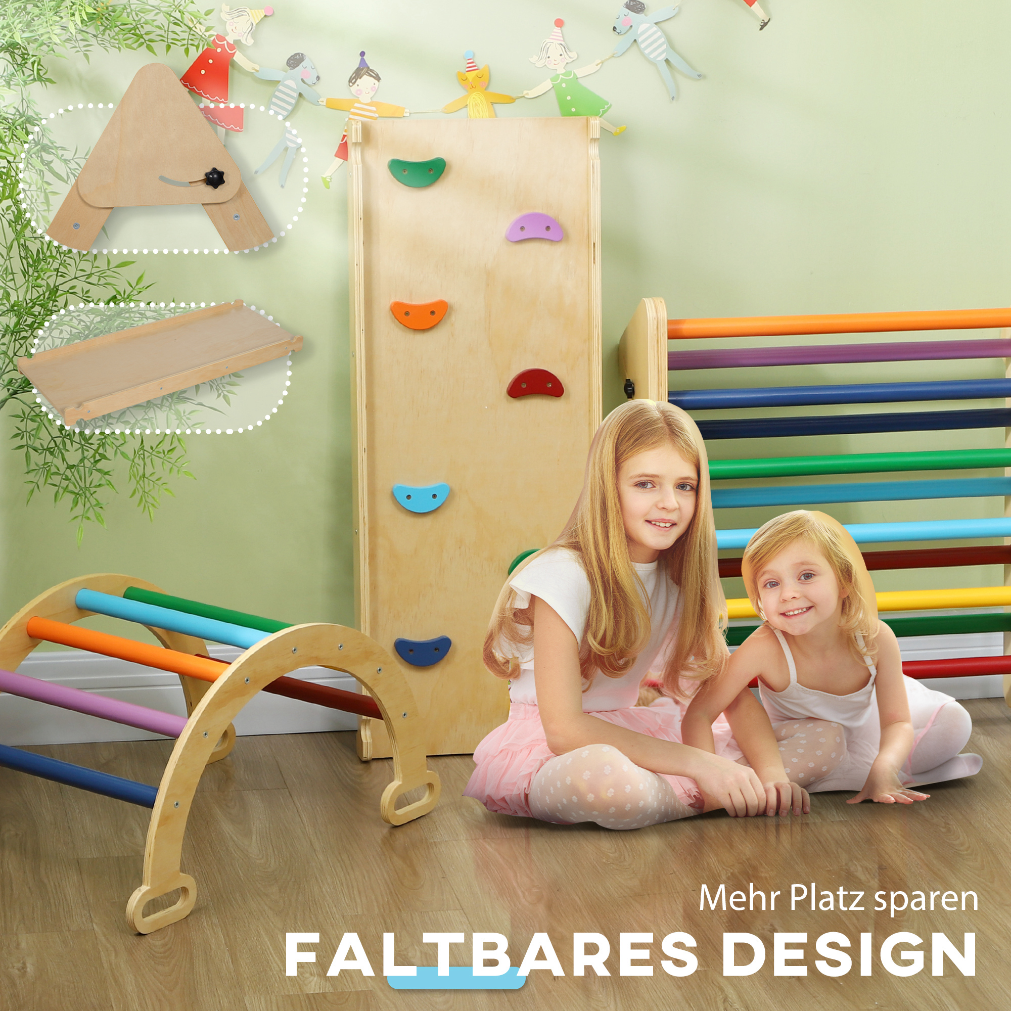 5-in-1-Kinder-Klettergerüst mit Rampe, Brücke, Dreiecks-Leiter, 18-48 Monate, Bunt,