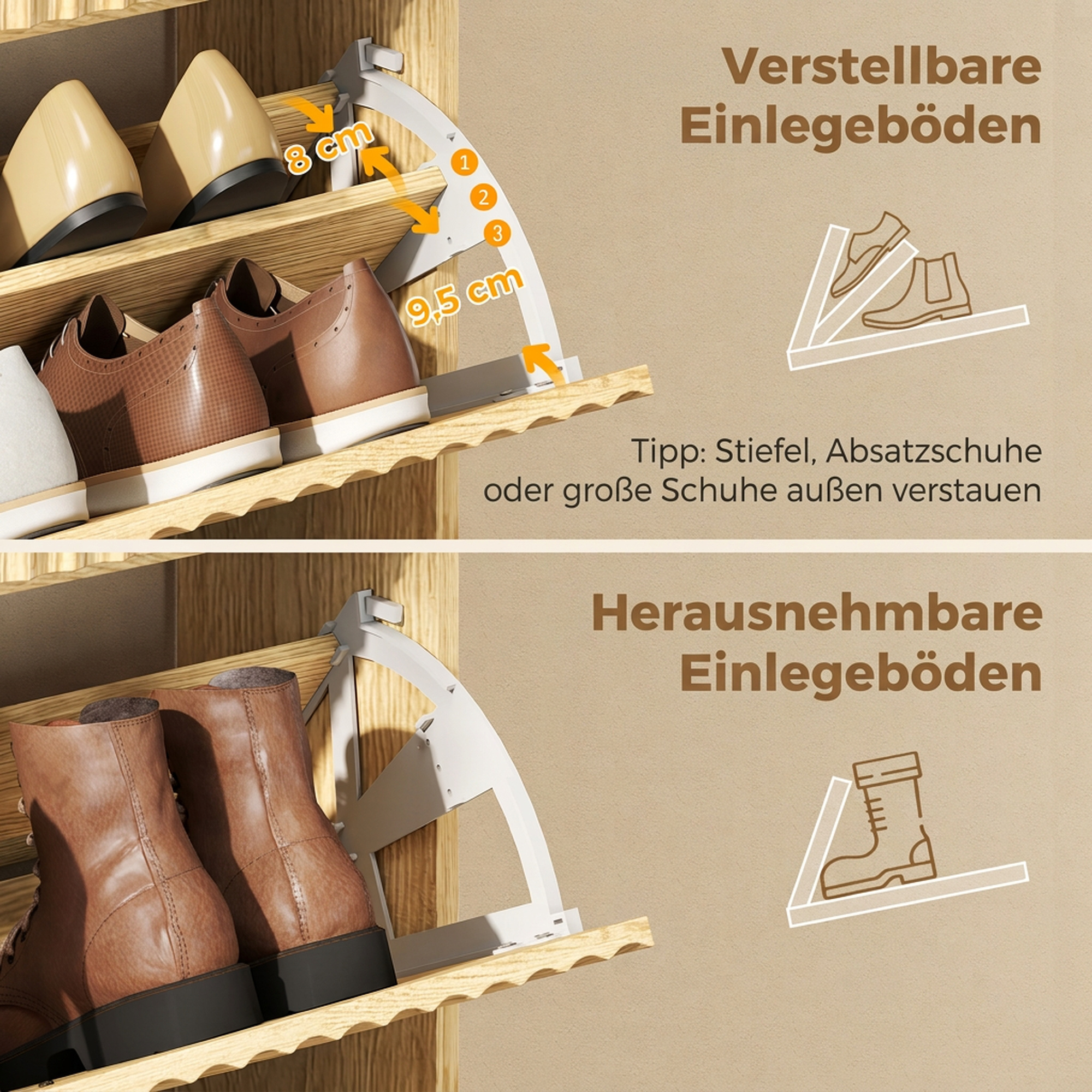 schmaler Schuhschrank mit Klappdesign und 3 Fächern, hellbraun