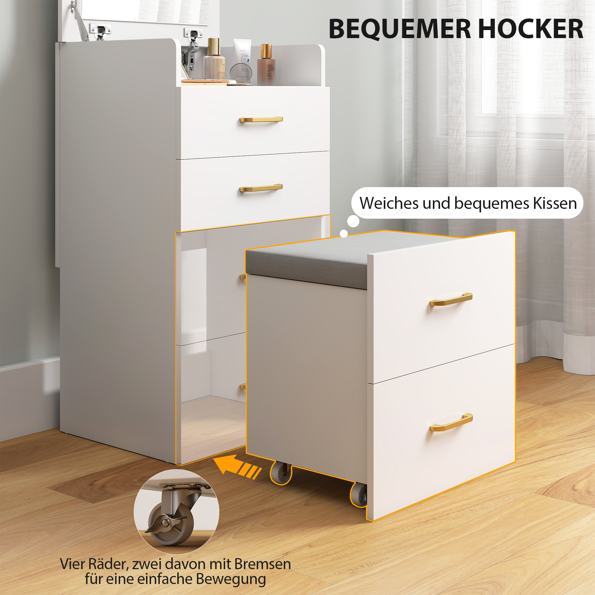 3-in-1-Schminktisch mit Spiegel, Nachttisch, Rollhocker, Schubladen, Weiß