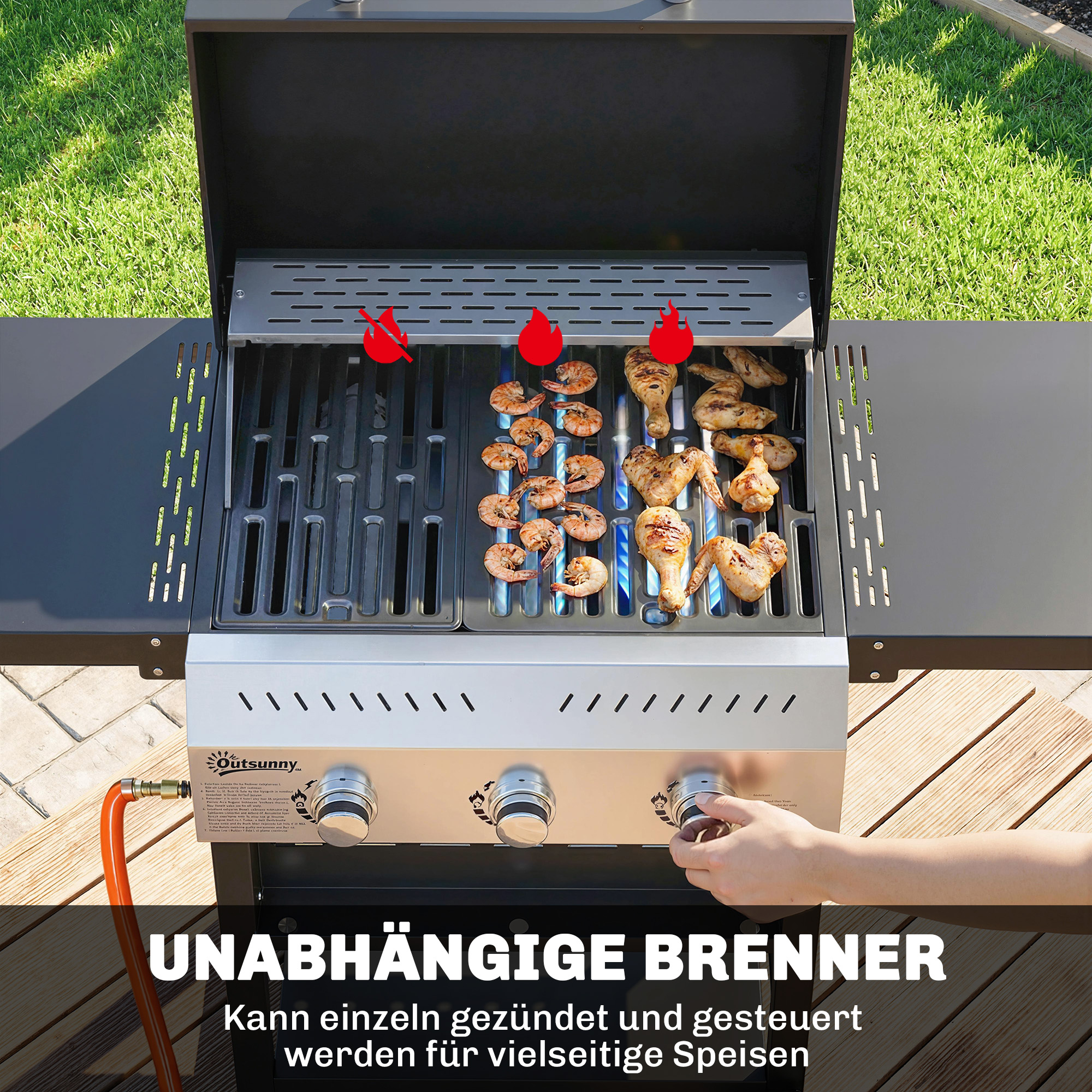 Gasgrill 9 KW 3 Brenner BBQ Grillwagen Edelstahl inkl klappbar Seitentisch Gewürzhalter Unterregal 6 Haken
