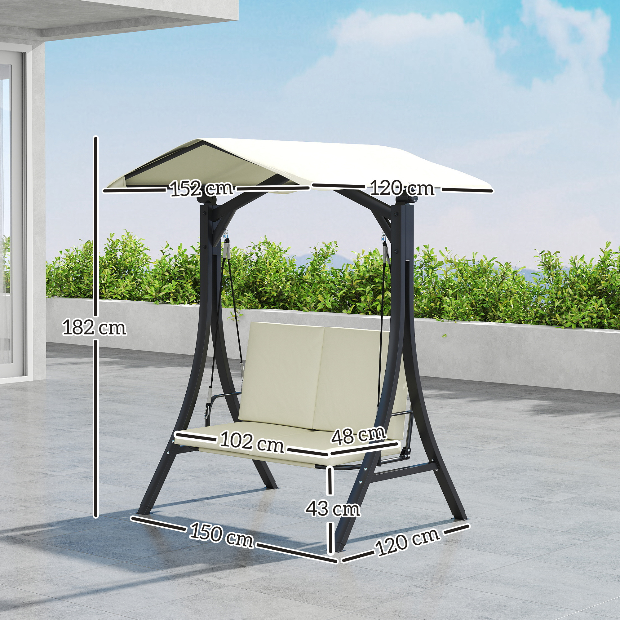 Hollywoodschaukel mit verstellbarem Sonnendach Sitzauflage, 2-Sitzer bis 220kg 150x120x182cm, Cremeweiß