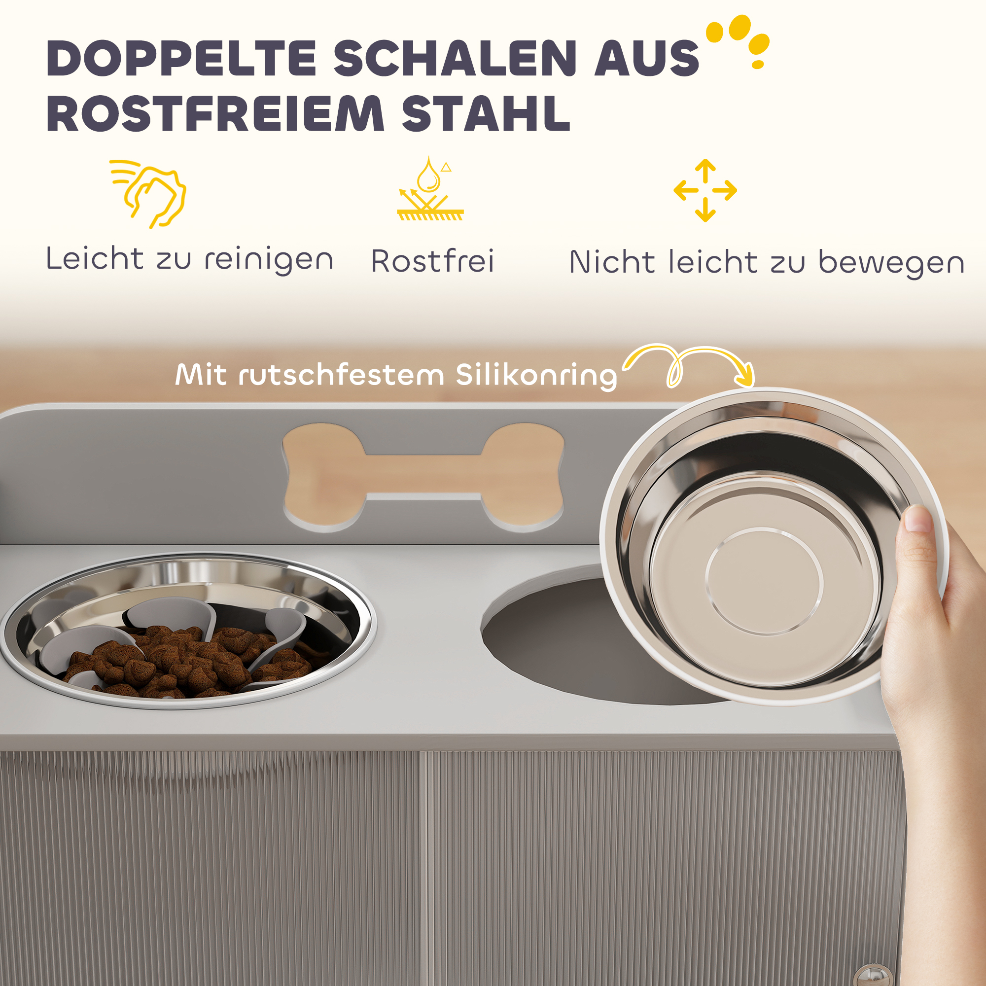 Erhöhte Futterstation mit 2 Näpfen und Schrank, MDF, Edelstahl, Knochenmuster, Grau