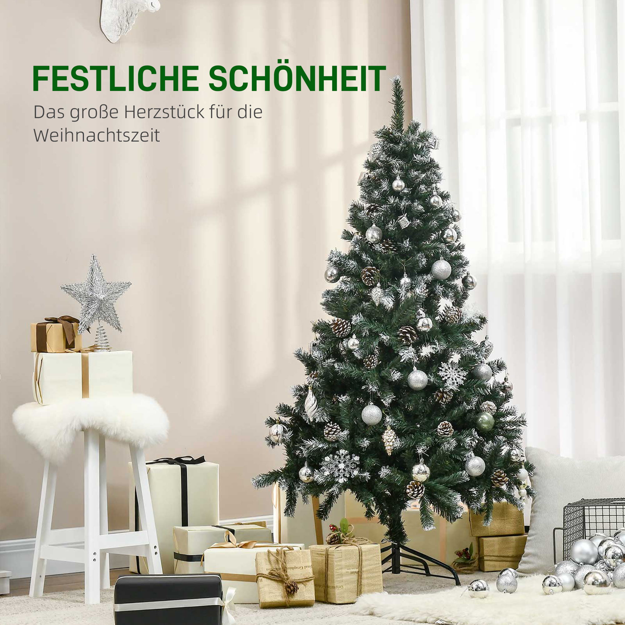 Weihnachtsbaum, 676 Zweige, 41 Zapfen, verschneite Spitzen, feuerfest, 180 cm