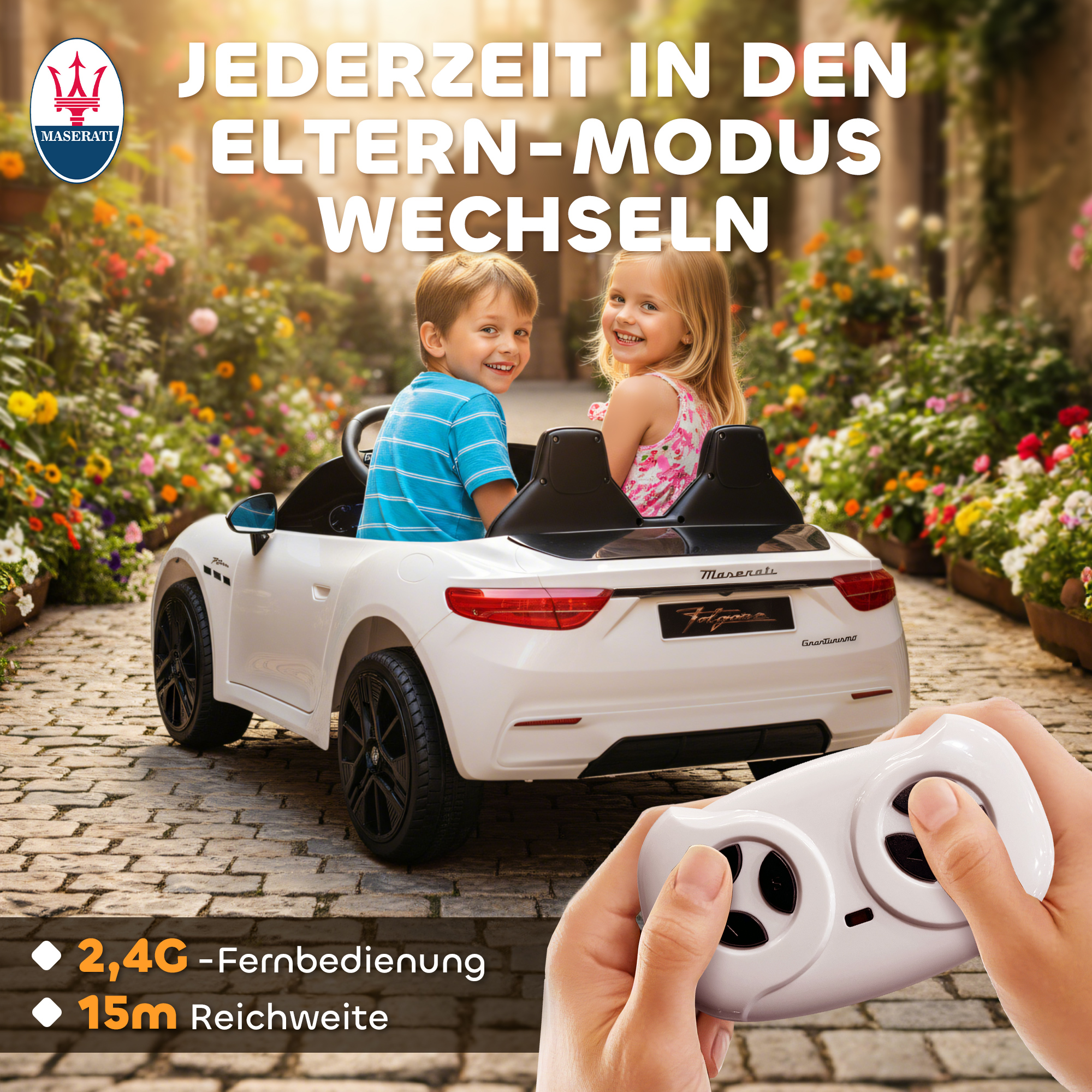 Maserati Elektroauto für Kinder, 2-Sitzer, 12V Batteriebetrieb, Fernbedienung, LED-Lichter, Musikfunktion, Weiß
