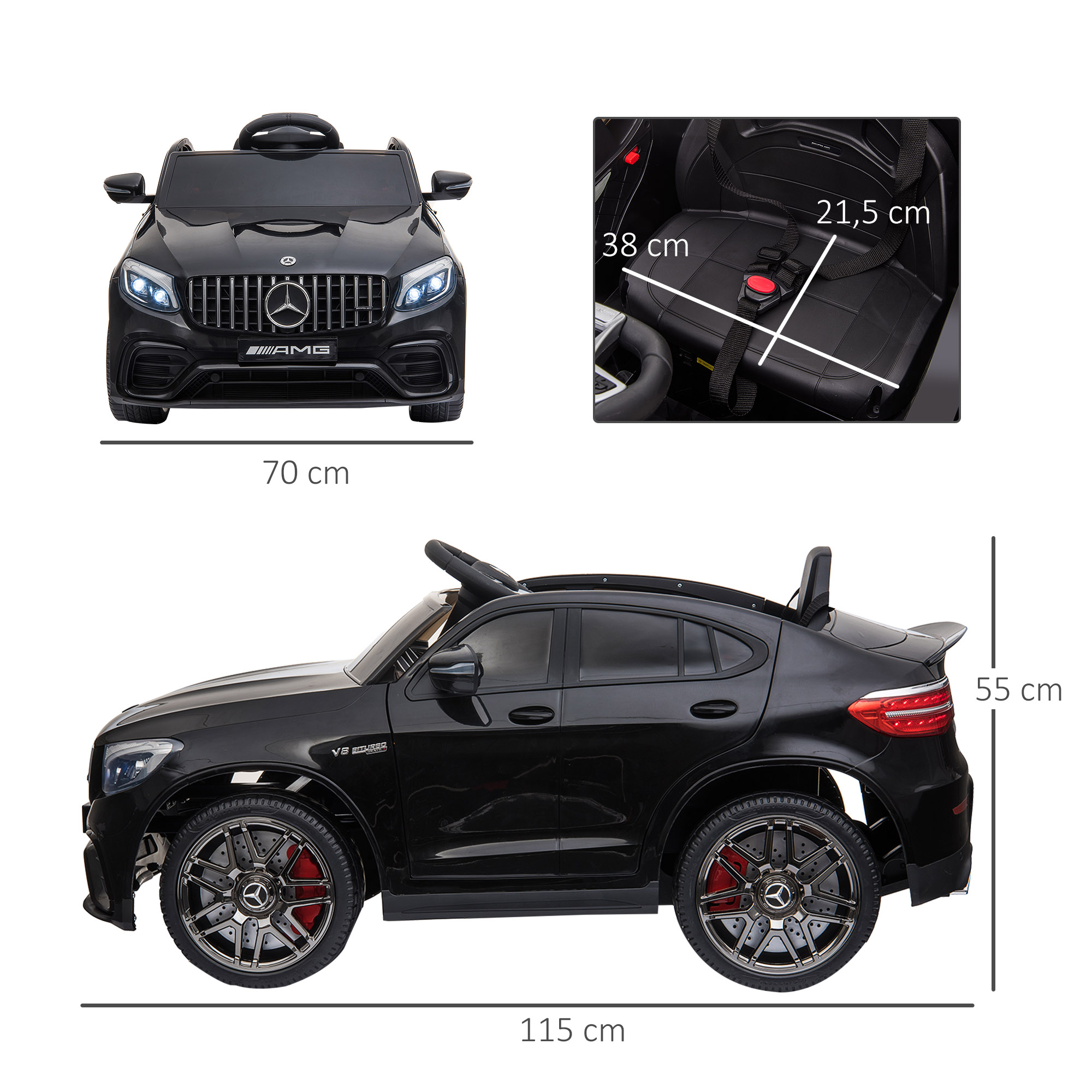 Kinder Elektroauto 12V Kinderauto mit 2,4 G Fernbedienung, 2 Motor, Kinderfahrzeug mit Hupe, Musik, Sicherheitsgurt, Elektrofahrzeug für 37-60 Monate Kinder, Schwarz