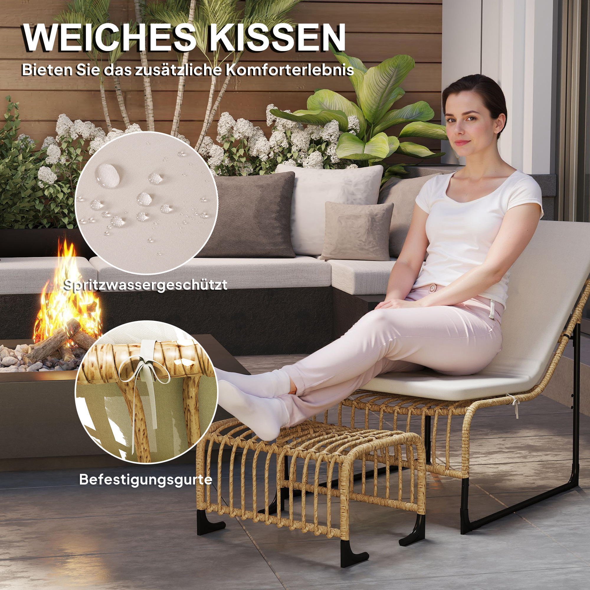 Rattan Relaxsessel mit Fußhocker UV-beständig Gartensessel mit Kissen Bänder 65 x 93 x 80 cm Naturholz