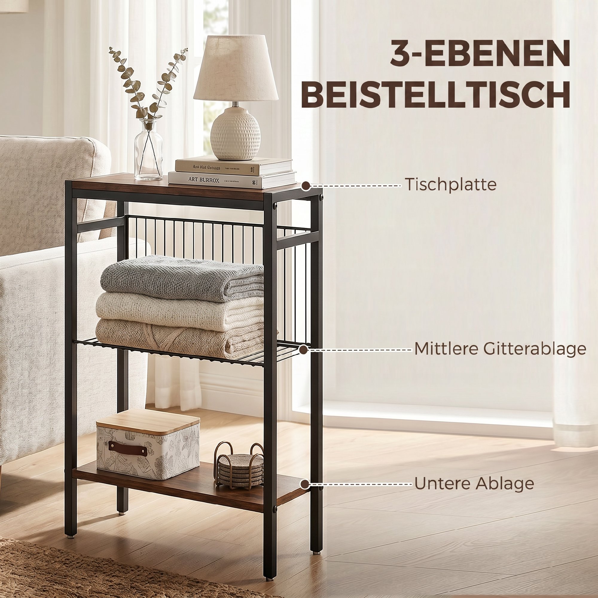 Beistelltisch mit 3 Ablagen, Kleiner Nachttisch mit Metallrahmen, Rustikales Braun für Wohnzimmer