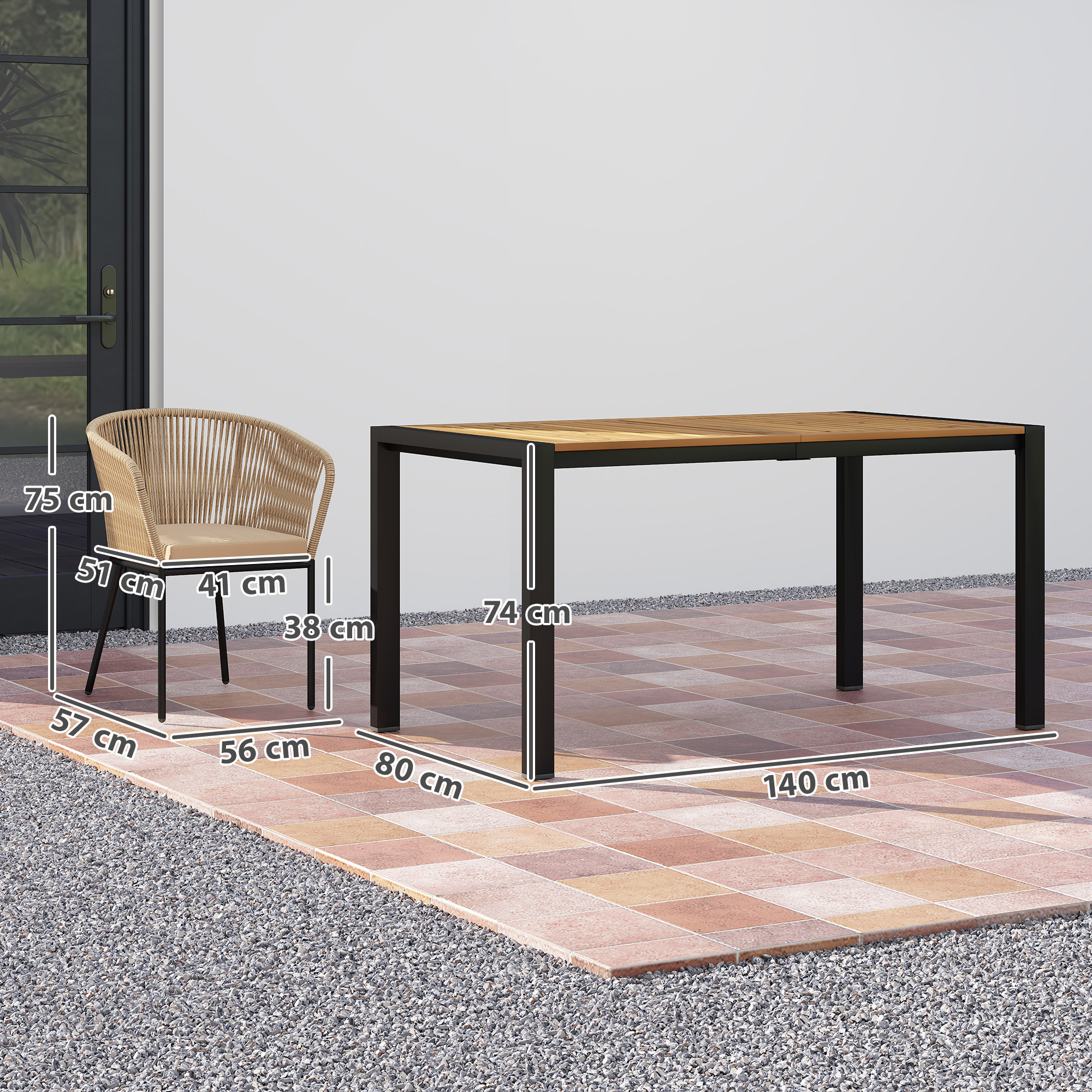 5-teiliges Gartenmöbel-Set, 4 Stühle, 1 Tisch, Kunst-Rattan, Stahlgestell, waschbare Kissen, für Terrasse, Khaki