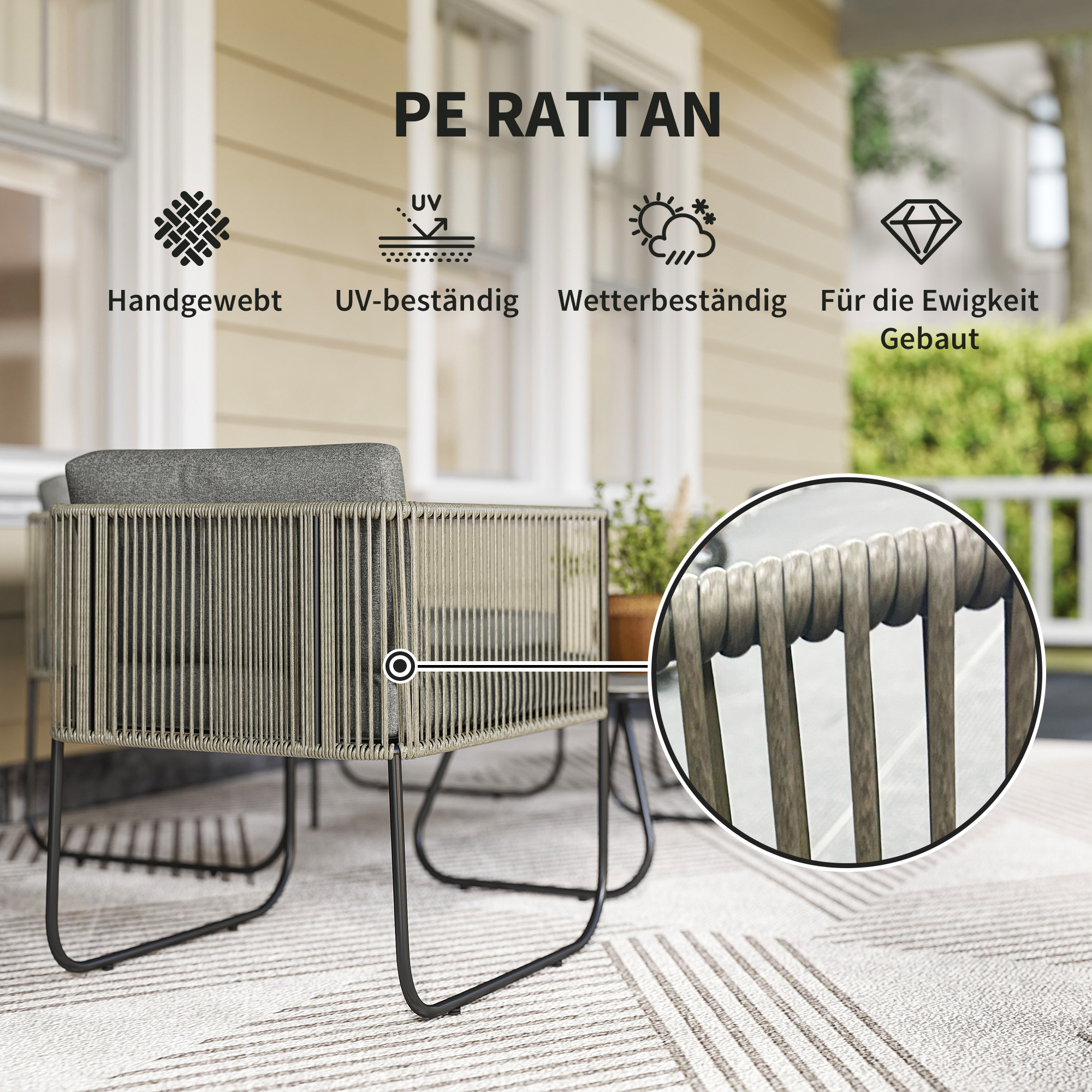 Gartenmöbel Set aus Polyrattan Lounge-Set mit Sofa Sessel Tisch Kissen wetterfest 116 x 60 x 69 cm Braun+Dunkelgrau