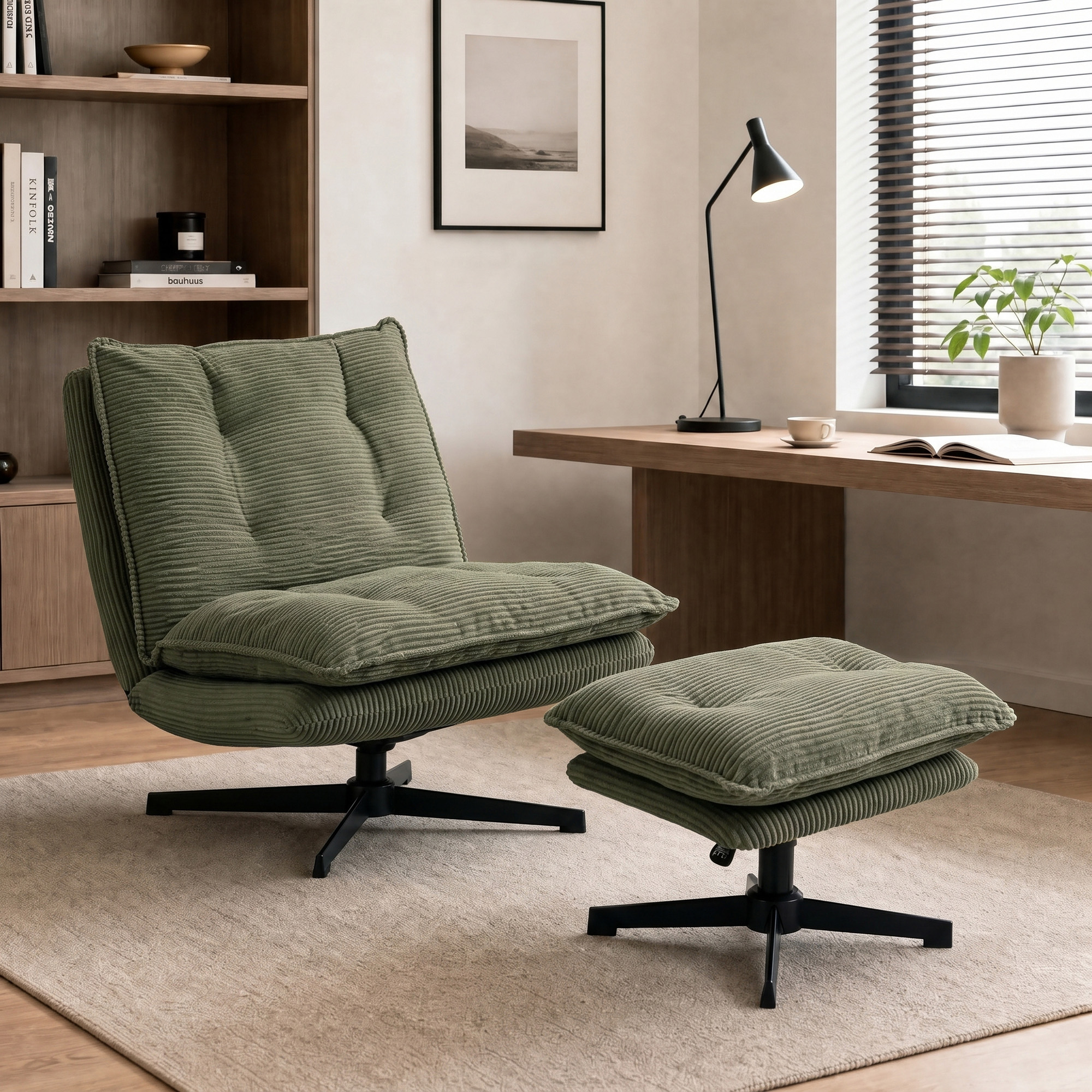 Loungesessel mit Hocker, 360° drehbar, Cordbezug, höhenverstellbare Fußstütze, Grün