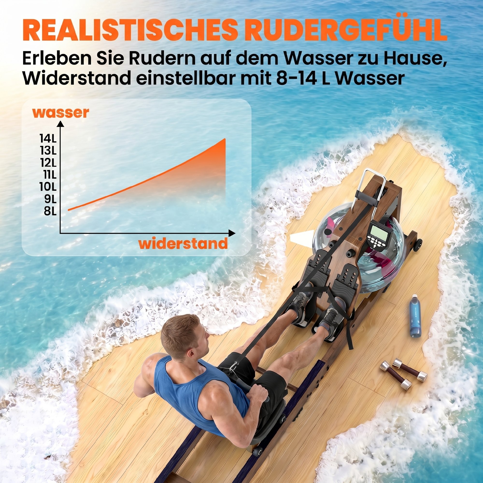 Wasser Rudergerät für Zuhause Gummiholz Klappbar mit Bluetooth APP Doppel-Aluminiumschienen LCD Display bis 158 kg