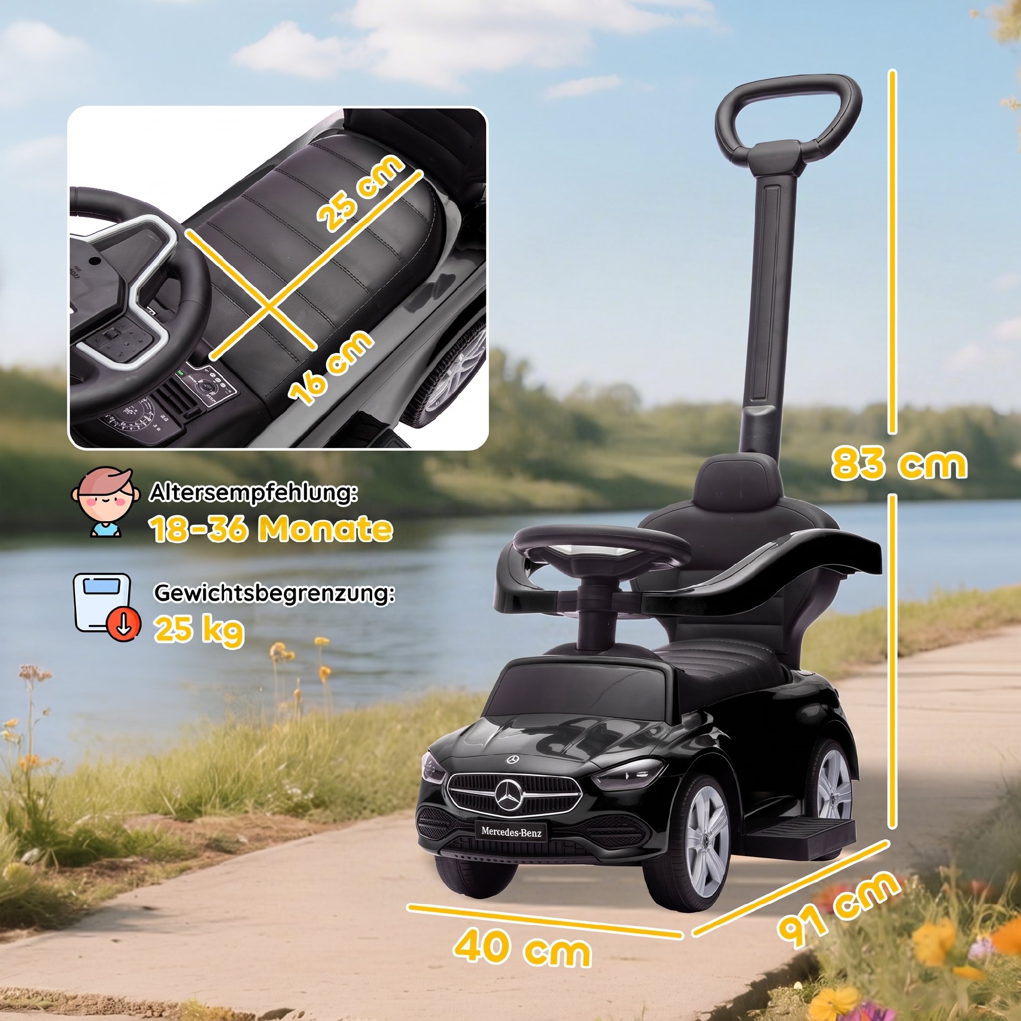 Rutschauto mit Schiebstange 2-in-1 Rutschfahrzeug mit abnehmbarem Griff, Sicherheitsgeländer, Stauraum, Hupe & Lenkrad