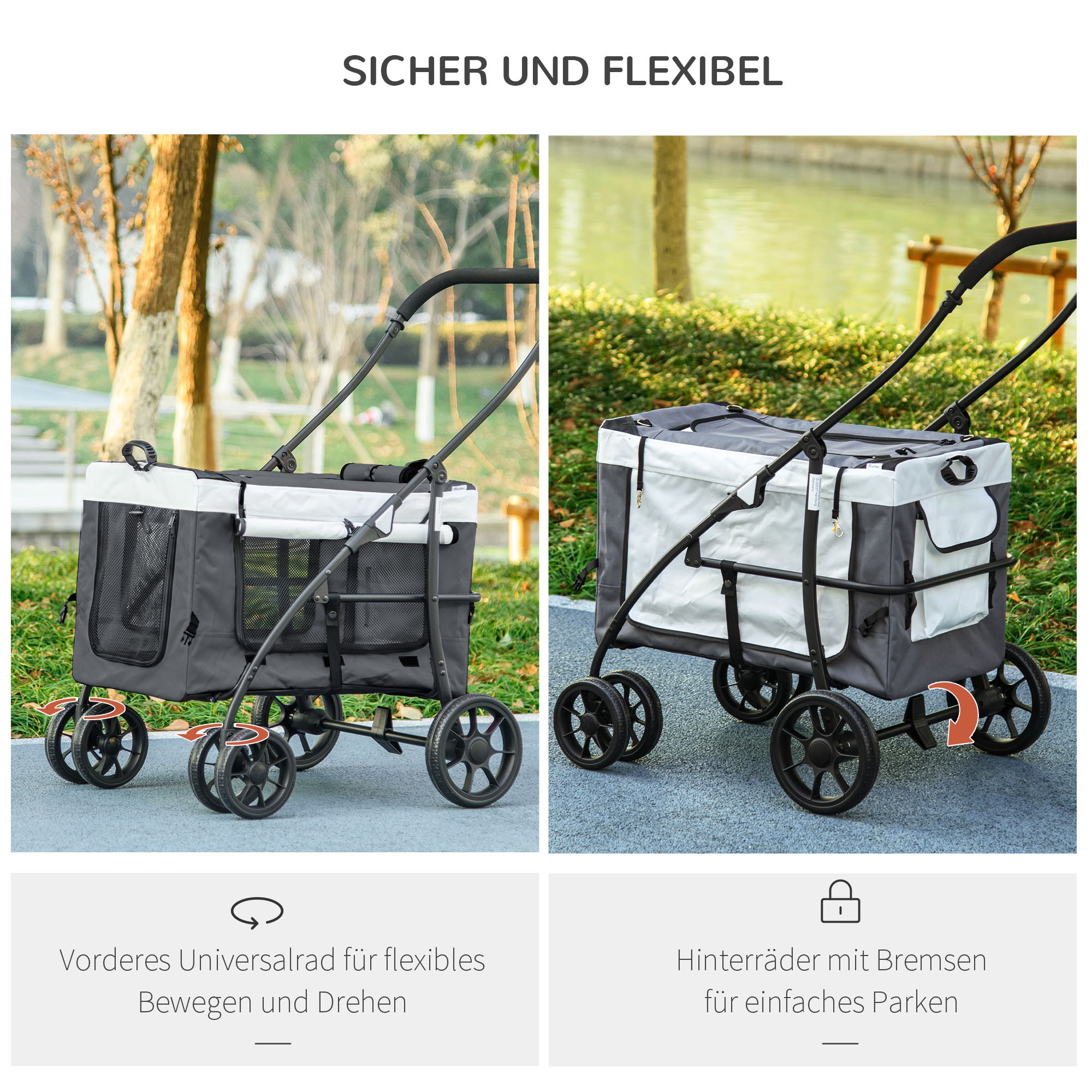 Hundbuggy Haustierbuggy bis 10kg klappbar abnehmbarer Korb 81 x 58 x 97,5 cm Schwarz + Grau + Weiß