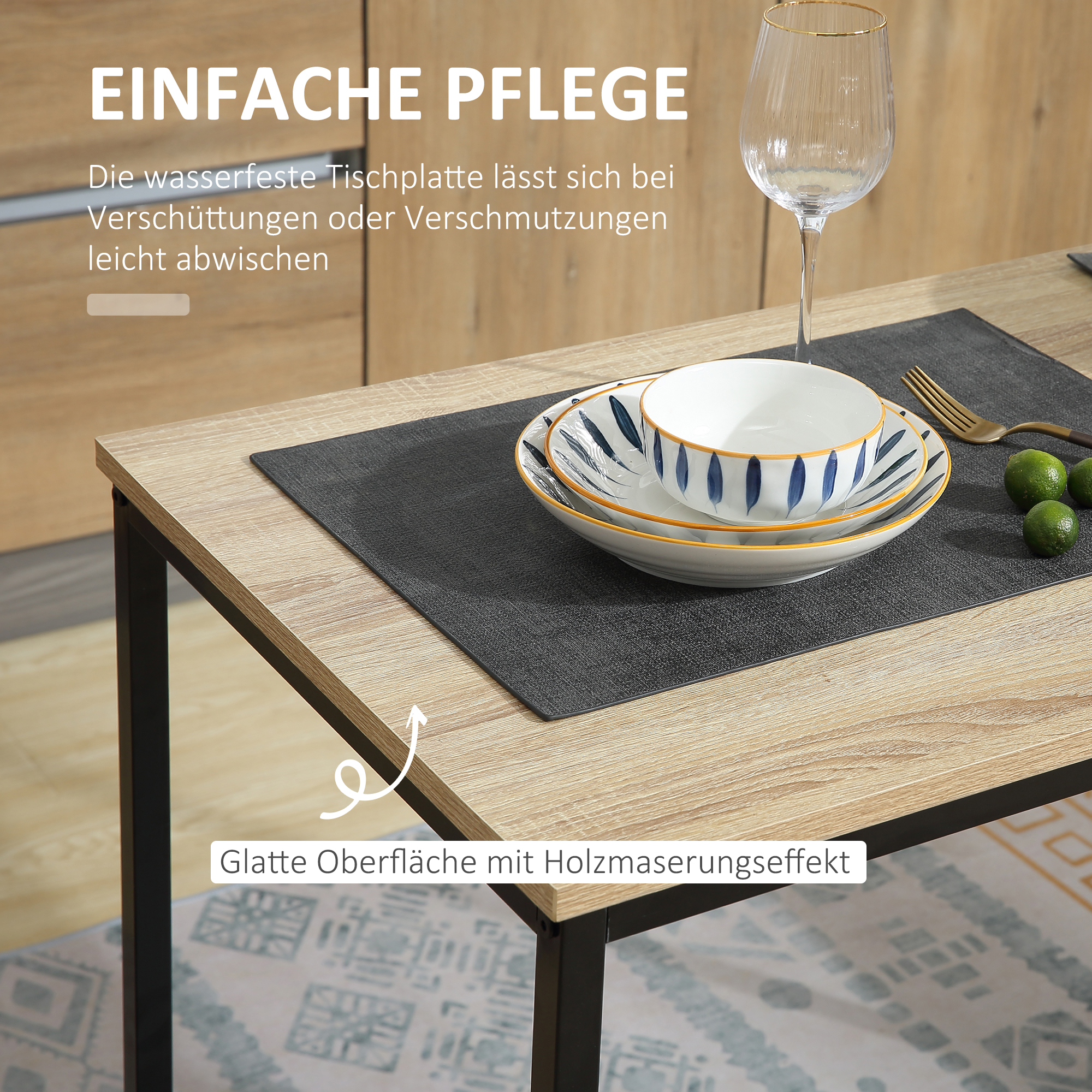 Esstisch-Set mit 2 Stühlen, Kompaktes Set aus Tisch und Stühlen für Esszimmer, Wohnzimmer, Küche, mit Metallrahmen