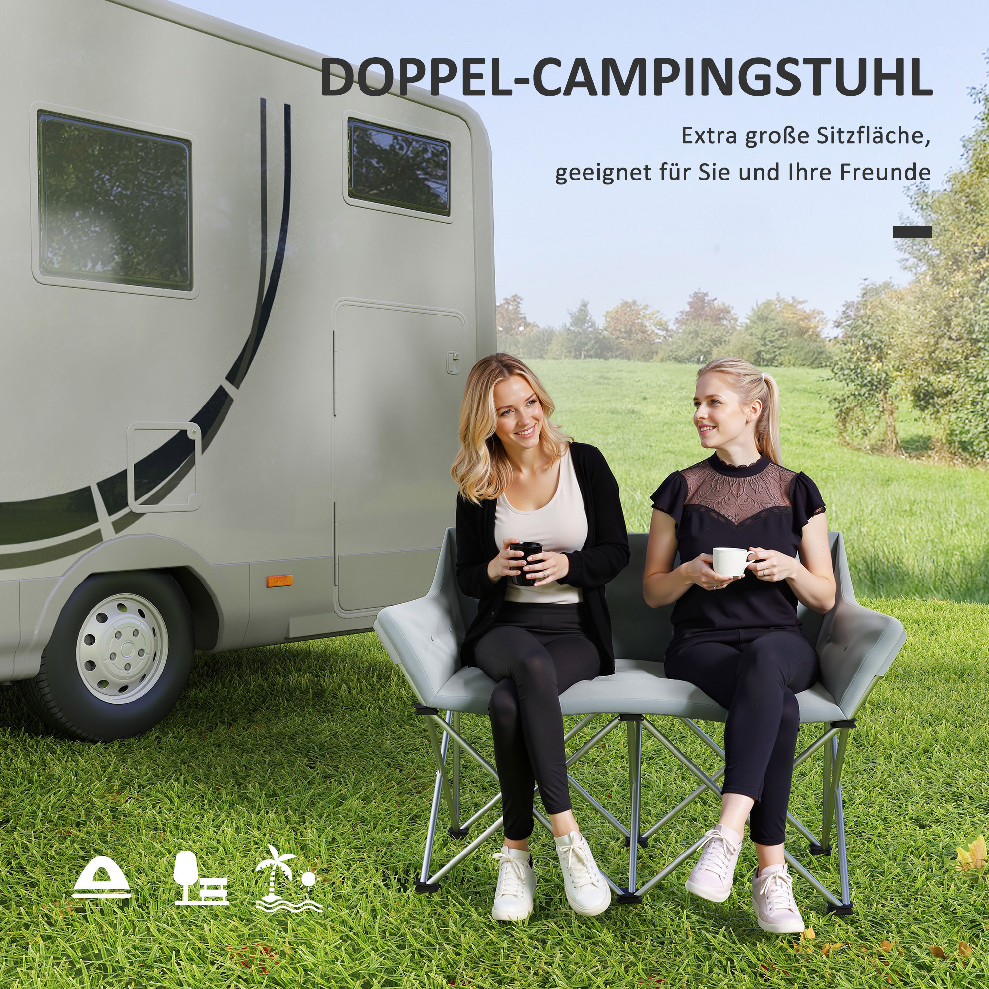 Faltstuhl 2 Sitzer faltbar Campingstuhl mit Armlehnen Seitentasche bis 240kg belastbar Grau