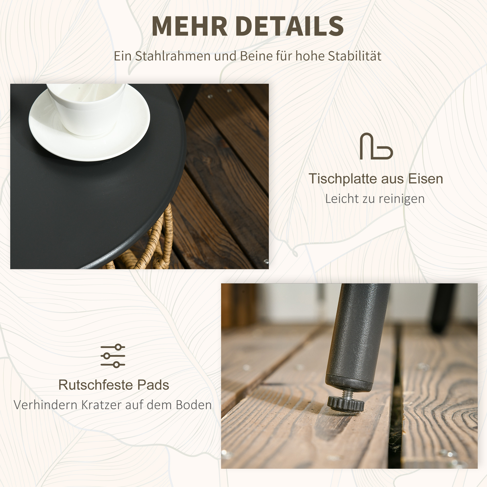 3-teiliges Bistro-Set, wetterbeständig, 1 Beistelltisch, 2 Stühle, 62 cm x 65 cm x 78 cm, Sand+Dunkelgrau