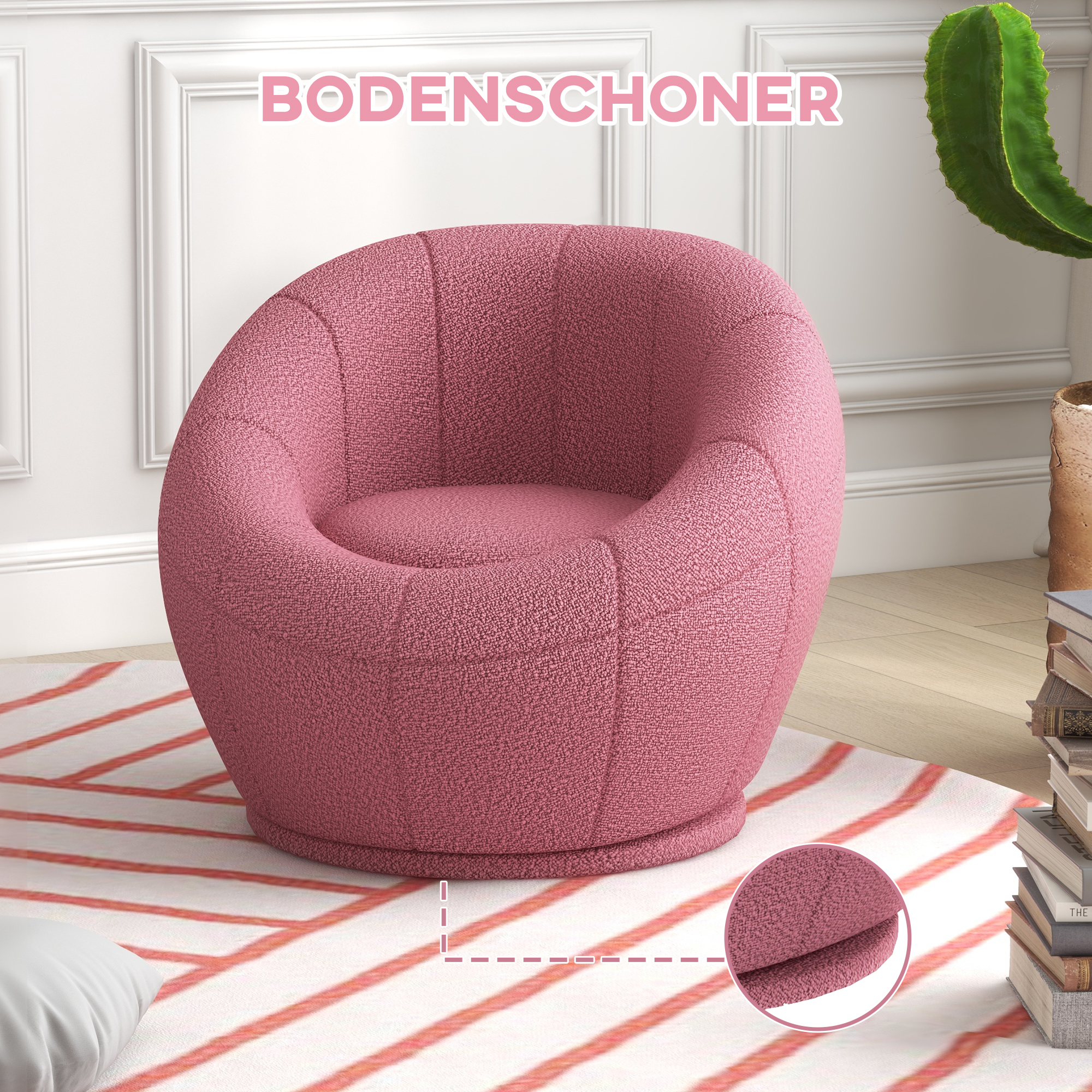 Kindersessel Kindermöbel Kinderhocker, Teddy-Fleece, 60 cm x 56 cm x 48 cm, Rosa