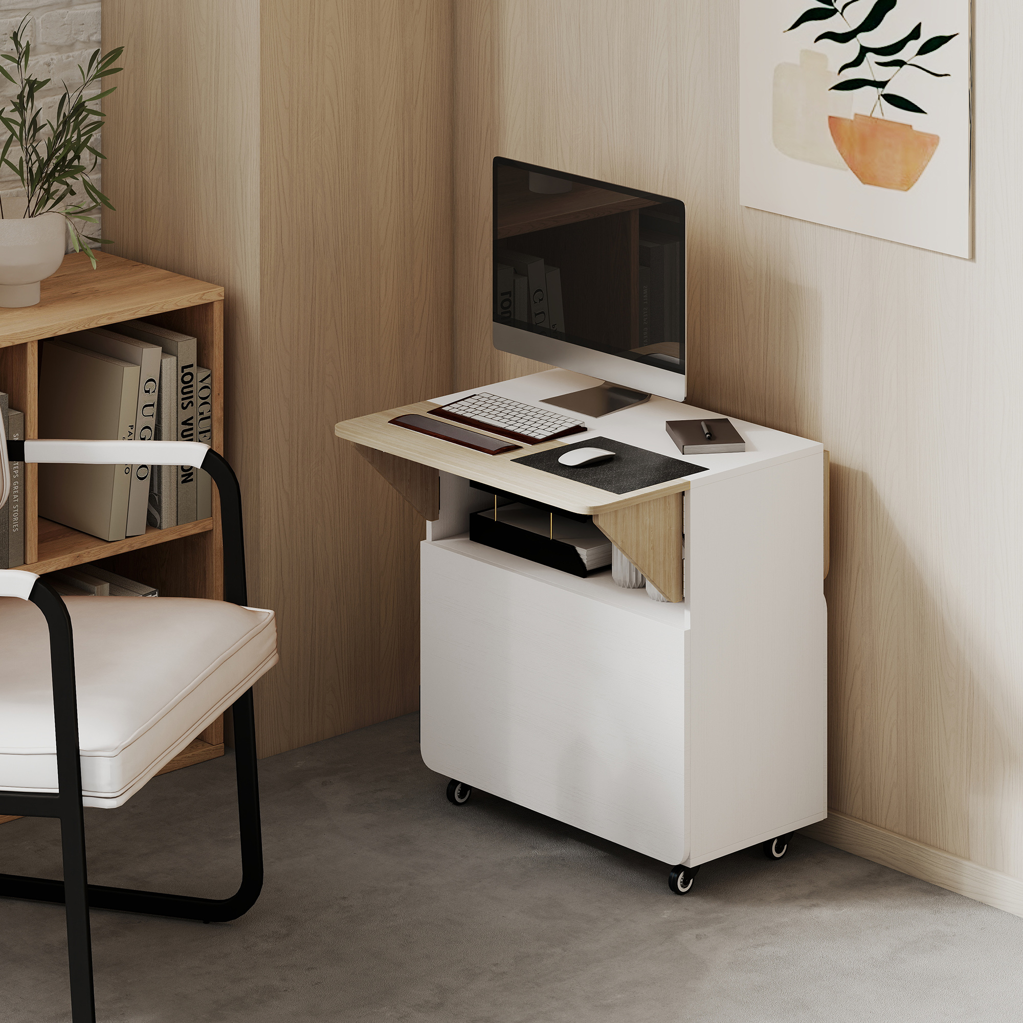 Klapptisch Rollschrank, zwei klappbare Tischseiten, Schrankfach, 4 Rollen, Weiß+Naturholz, 70 x 83 x 75cm