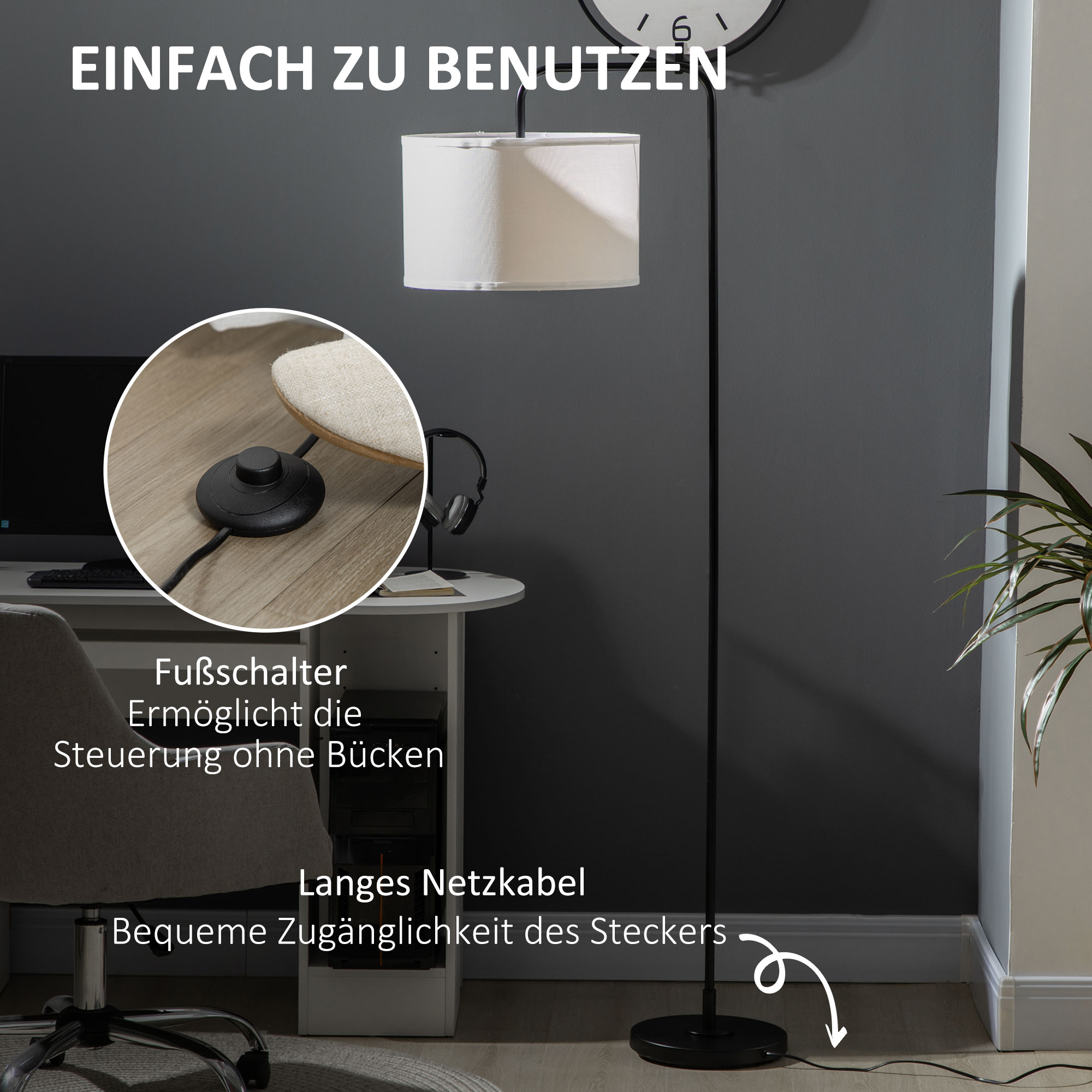 Stehlampe mit Fußschalter, Bodenlampe mit Stoffschirm, Stahl, Weiß