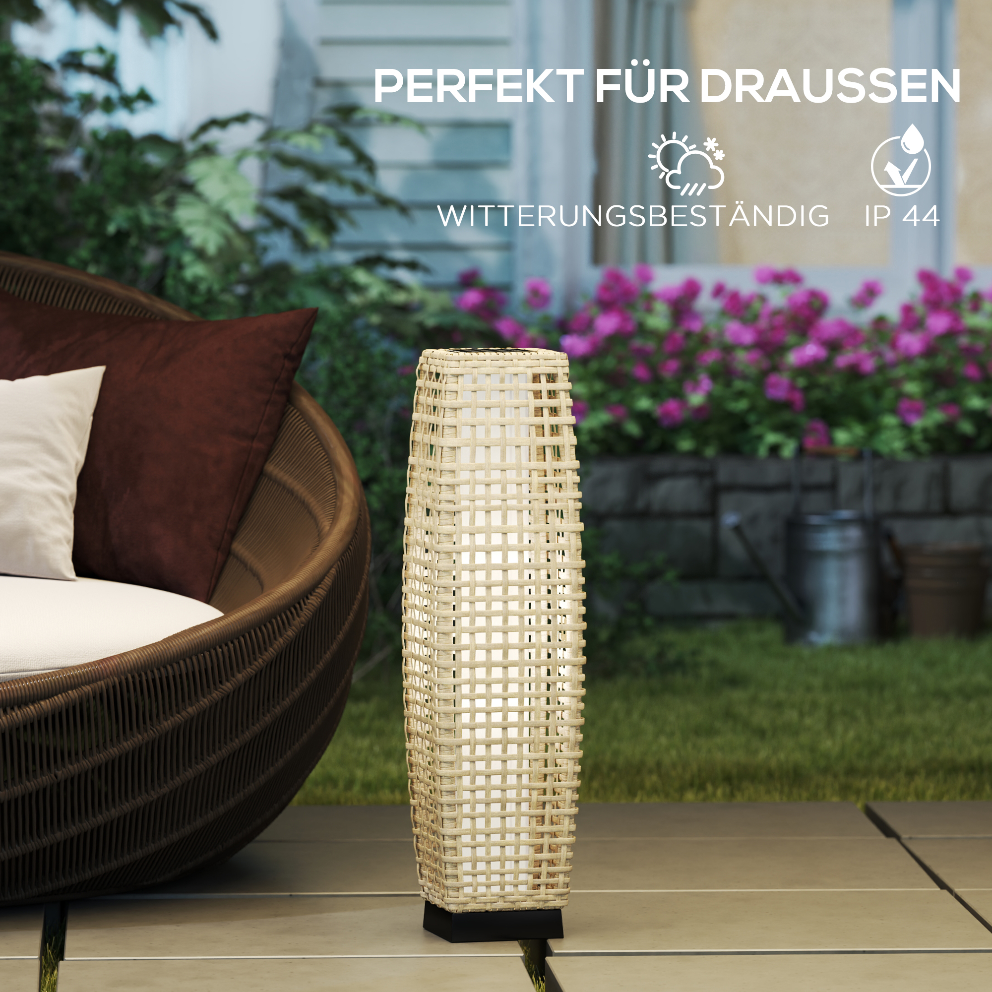 Solar Stehlampe Rattan Solarlampen mit Lichtsensor Automatische LED Solarleuchte im Boho-Stil IP44 Wasserdicht