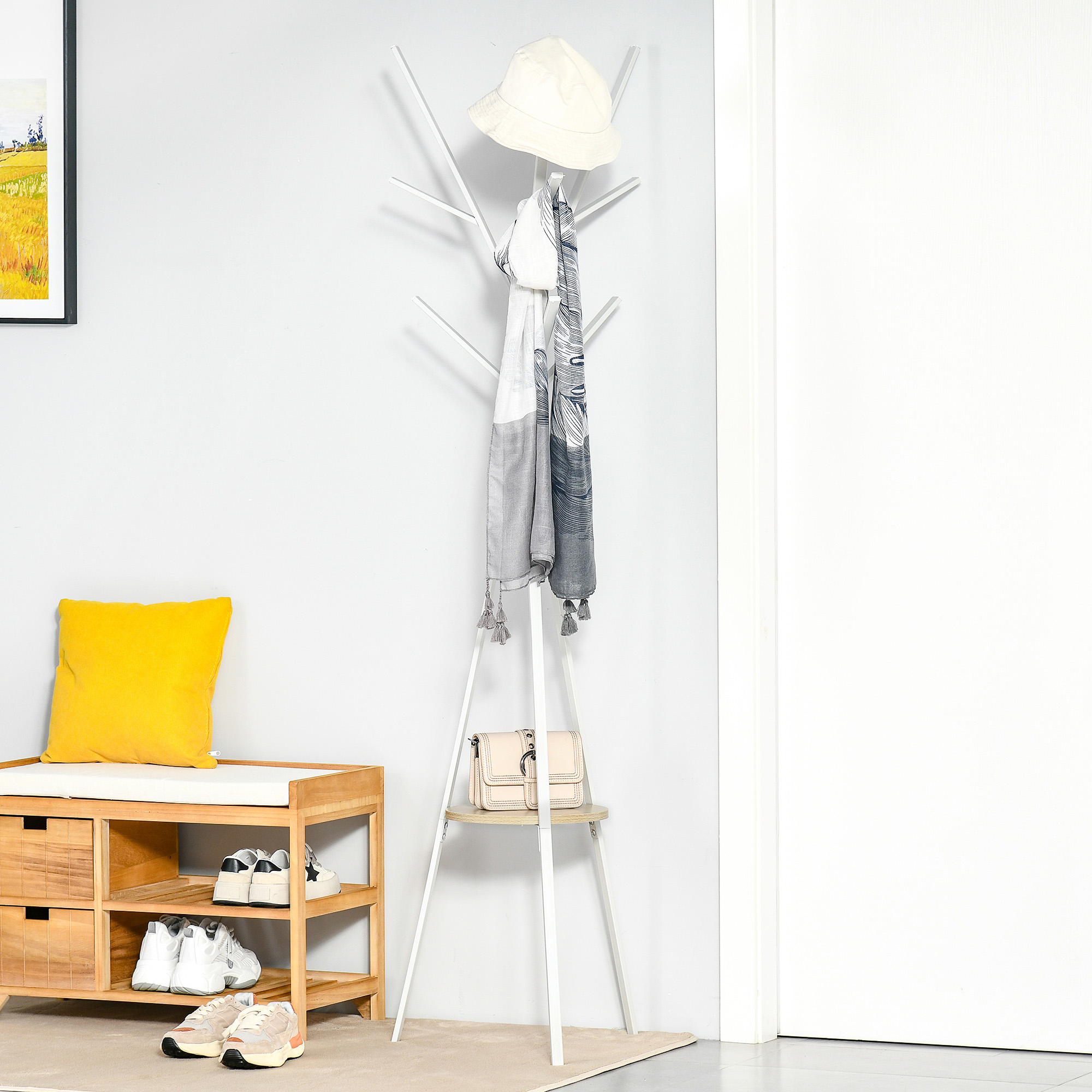 Garderobenständer Kleiderständer mit Ablage und 8 Haken Jackenständer Moderner Garderobe für Kleidung Hut Tasche, Wohnzimmer, Weiß