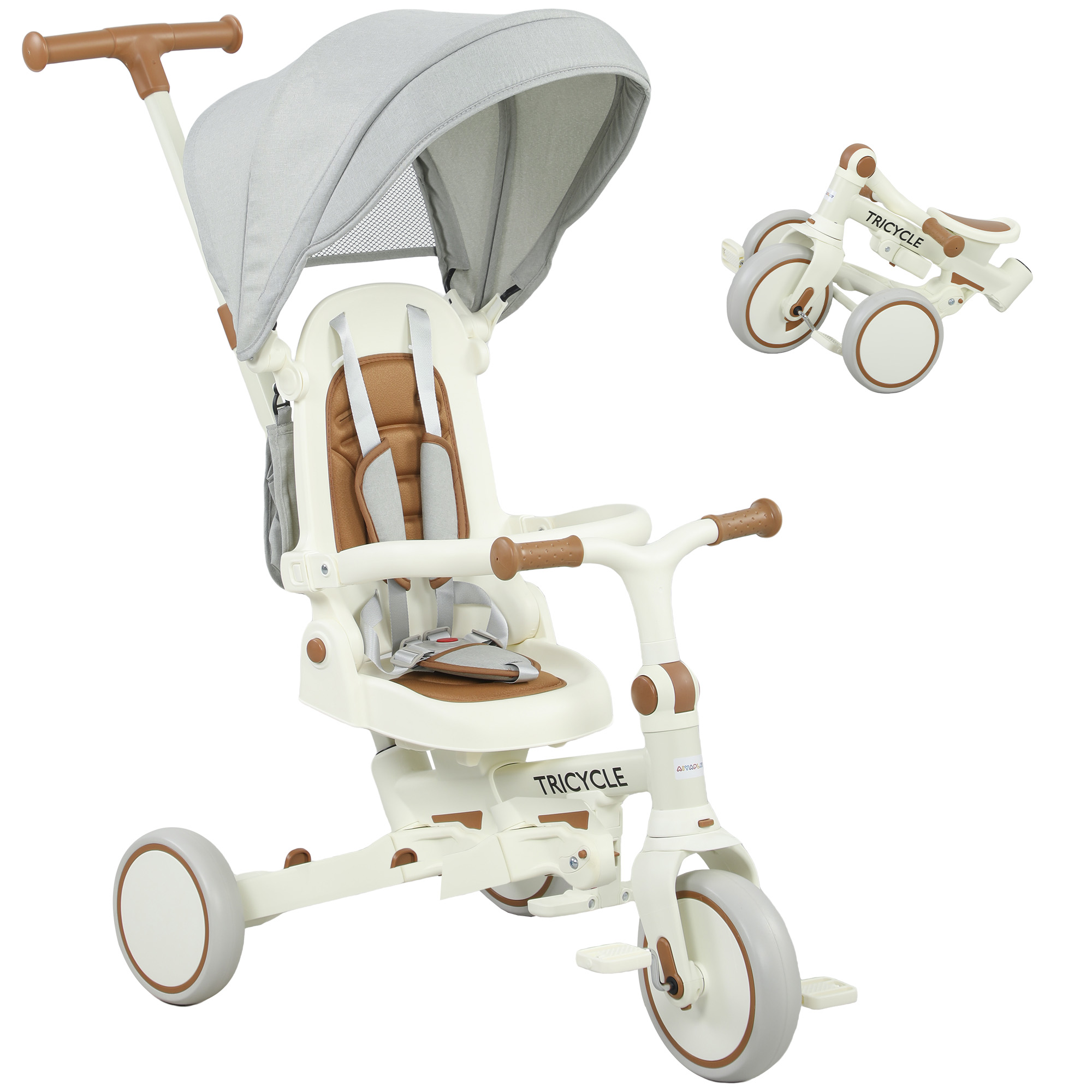 Kinder-Dreirad, wandelbarer Baby-Buggy, 5-in-1 Design, abnehmbarer Schiebegriff, verstellbar, Sicherheitsgurt, Aufbewahrungstasche, 1-3 Jahre, Cremeweiß