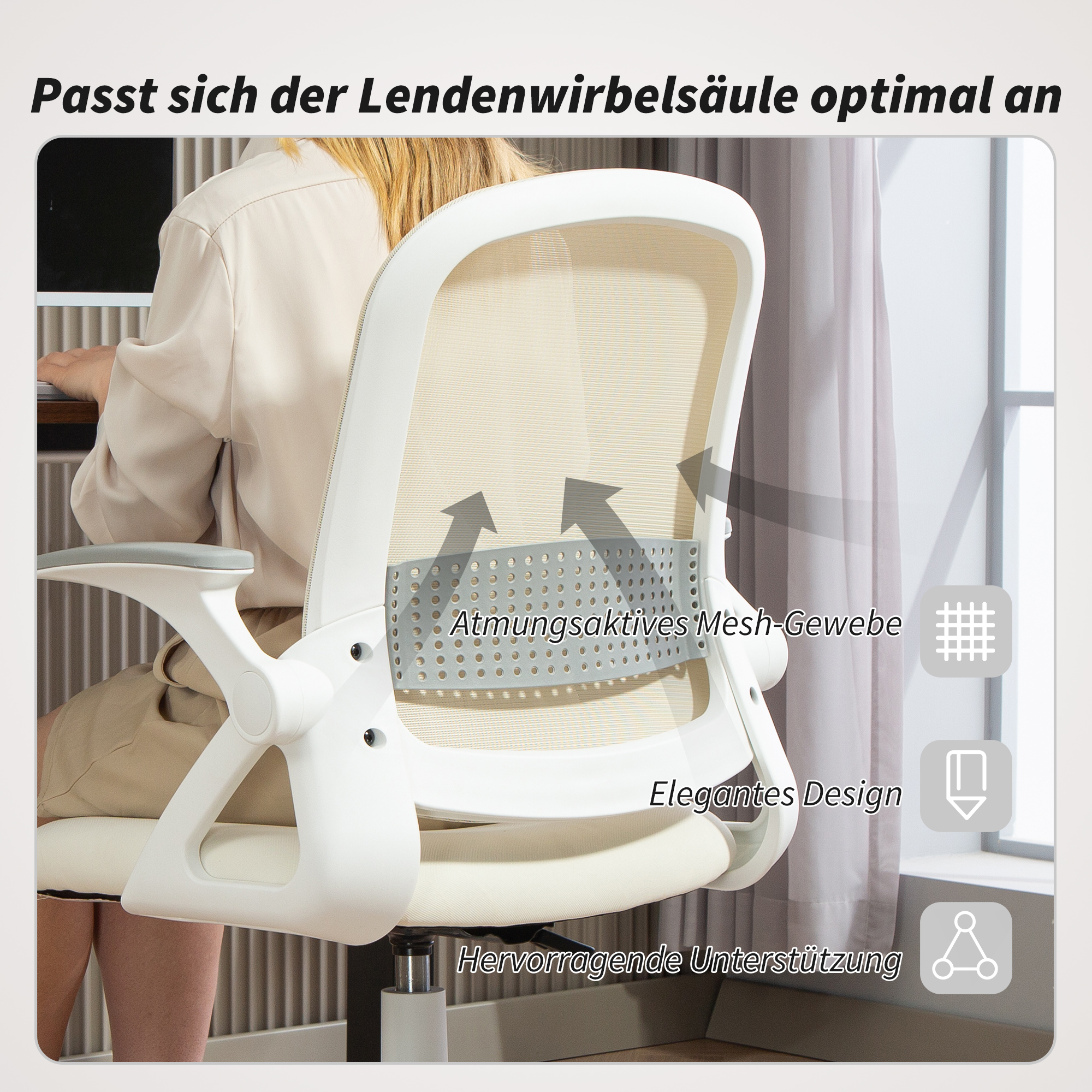 atmungsaktiver Mesh-Bürostuhl, Ergonomischer Drehstuhl mit klappbaren Armlehnen und Lendenwirbelstütze, Weiß