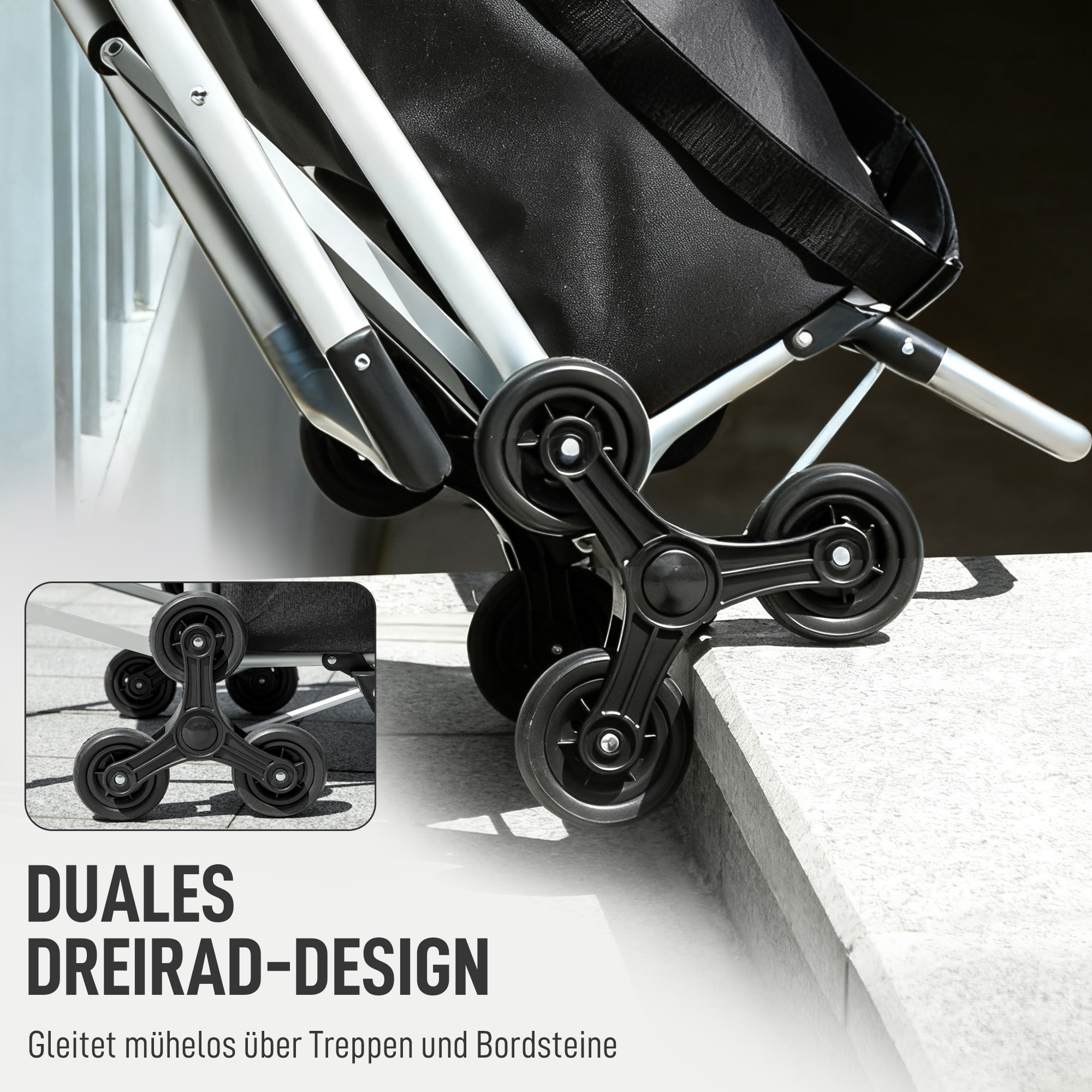 Einkaufstrolley, 40 L Oxford-Tasche, 3-Rad-Design, Aluminiumrahmen, Sitz, Grau