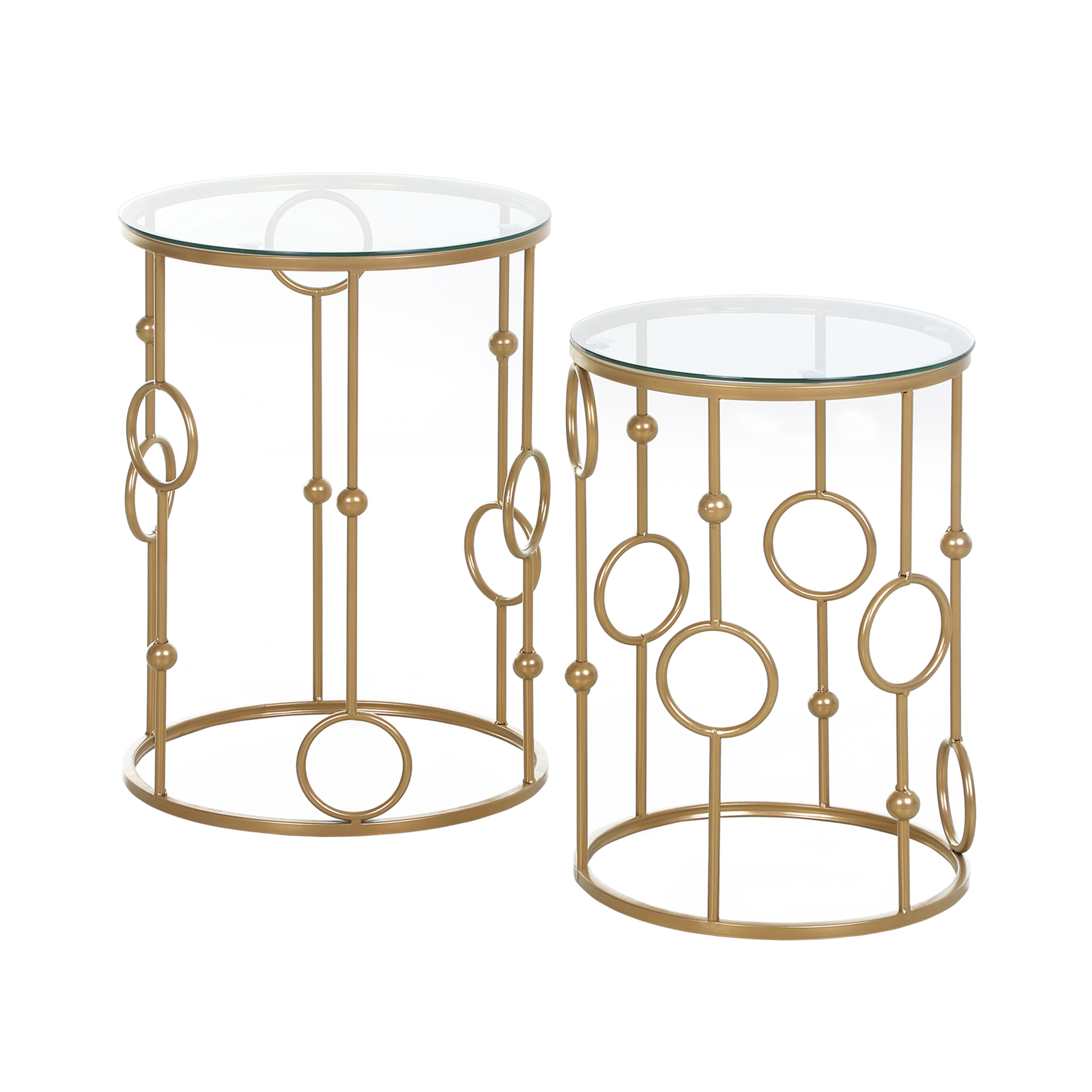 2er-Set Couchtisch, Beistelltisch mit Glasplatte, Wohnzimmertisch mit Reifen- und Kugeldesign Ø41 x 57 cm, Gold