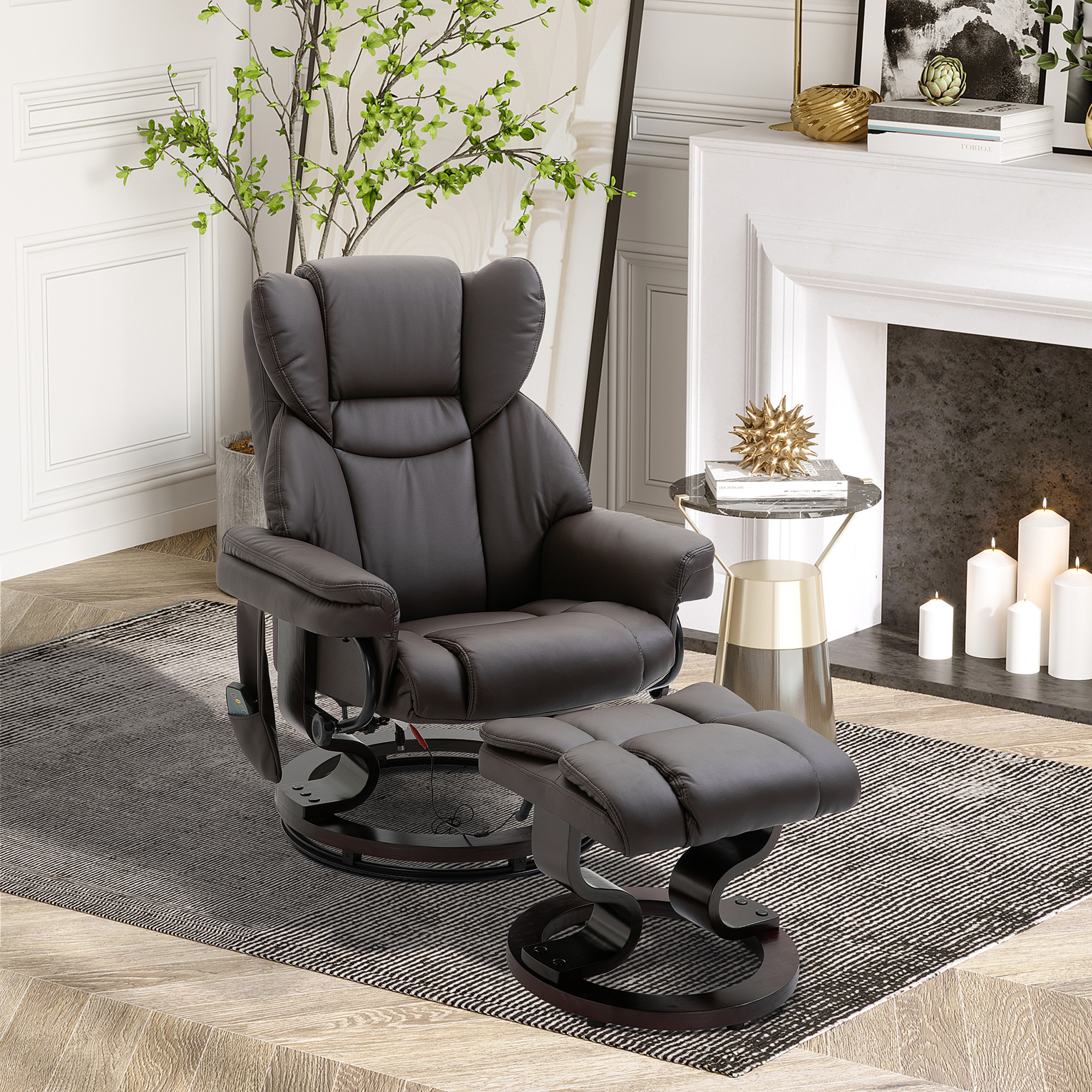 Relaxsessel mit Hocker, 360°drehbarer Fernsehsessel mit Massage, Liegefunktion, Massagesessel mit Seitentasche, Liegesessel, Kunstleder für Wohnzimmer Braun