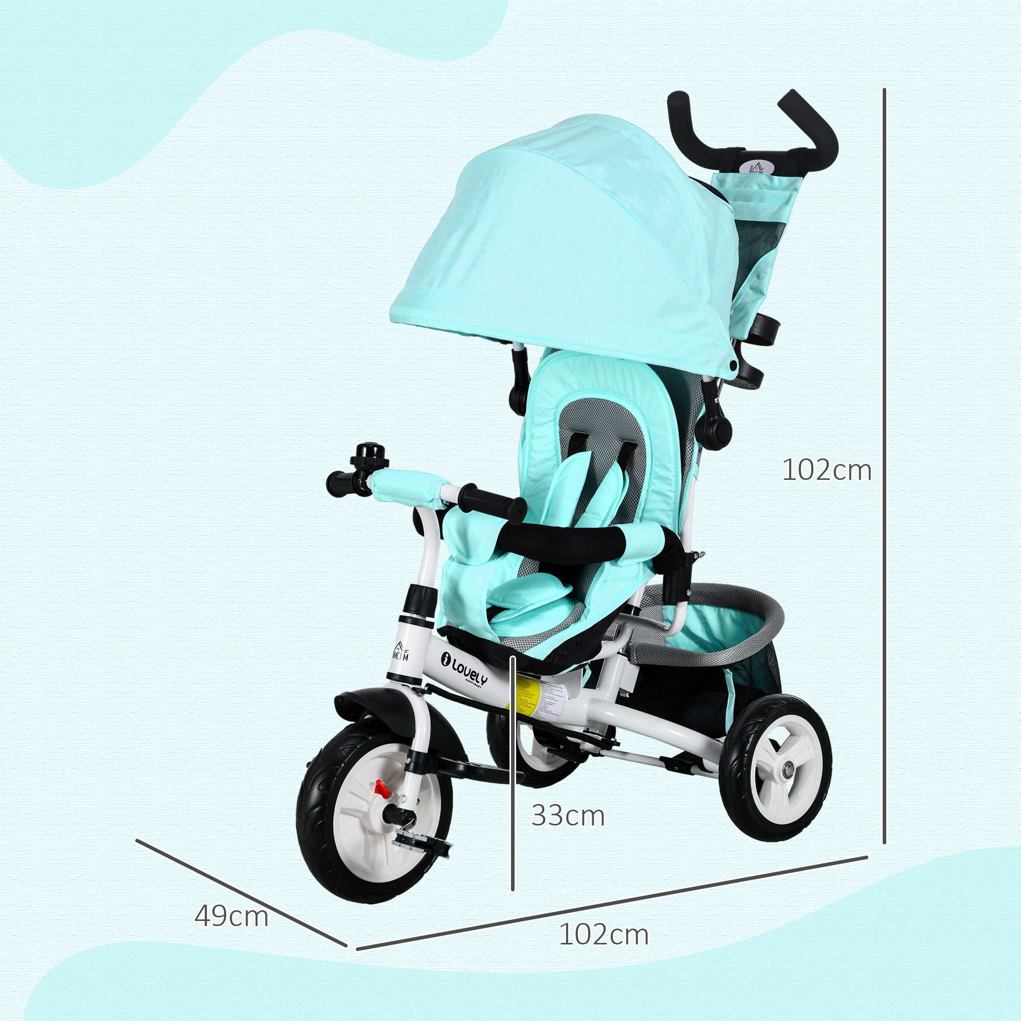 Kinder-Dreirad, Kinderfahrrad, Rückenkorb, Becherhalter, Sonnendach, Metall, Grün