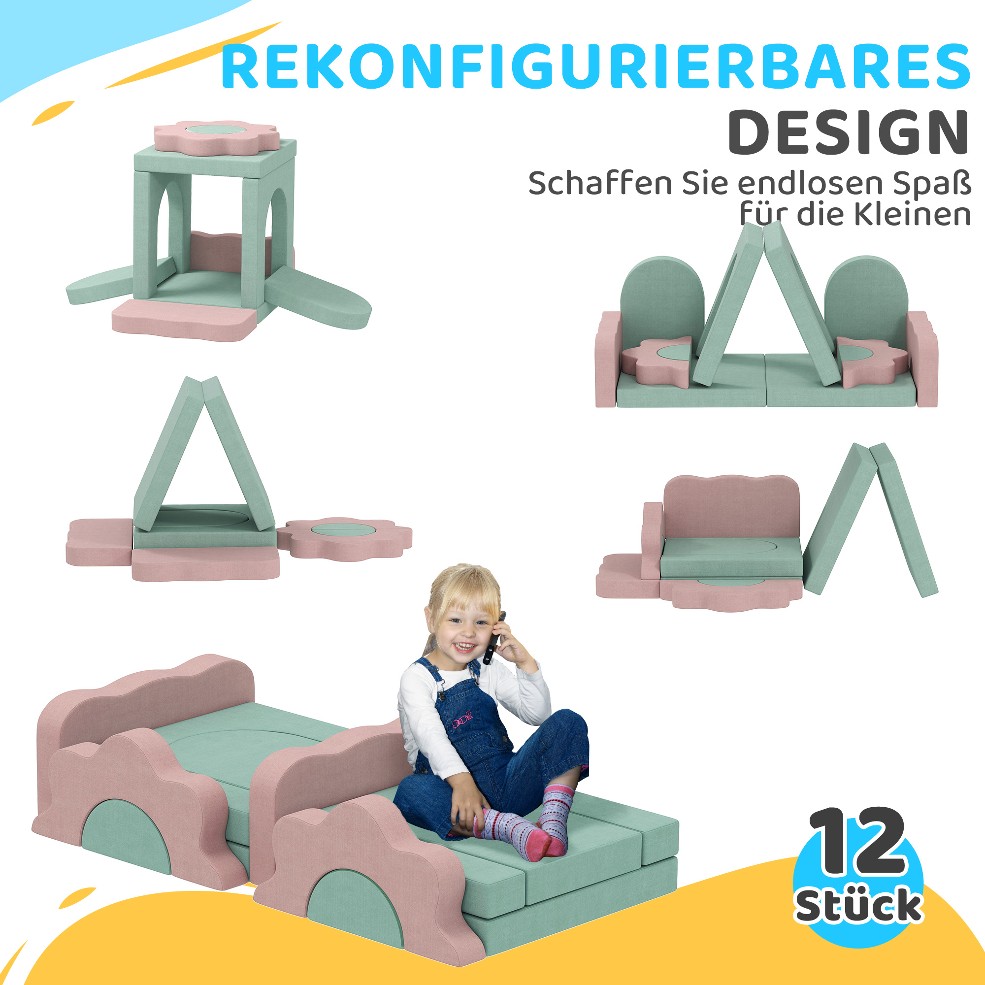12-teiliges Set Schaumstoffblöcke zum Klettern, Bauen, Krabbeln, Indoor-Spielmatten mit Cordbezug, Grün+Rosa