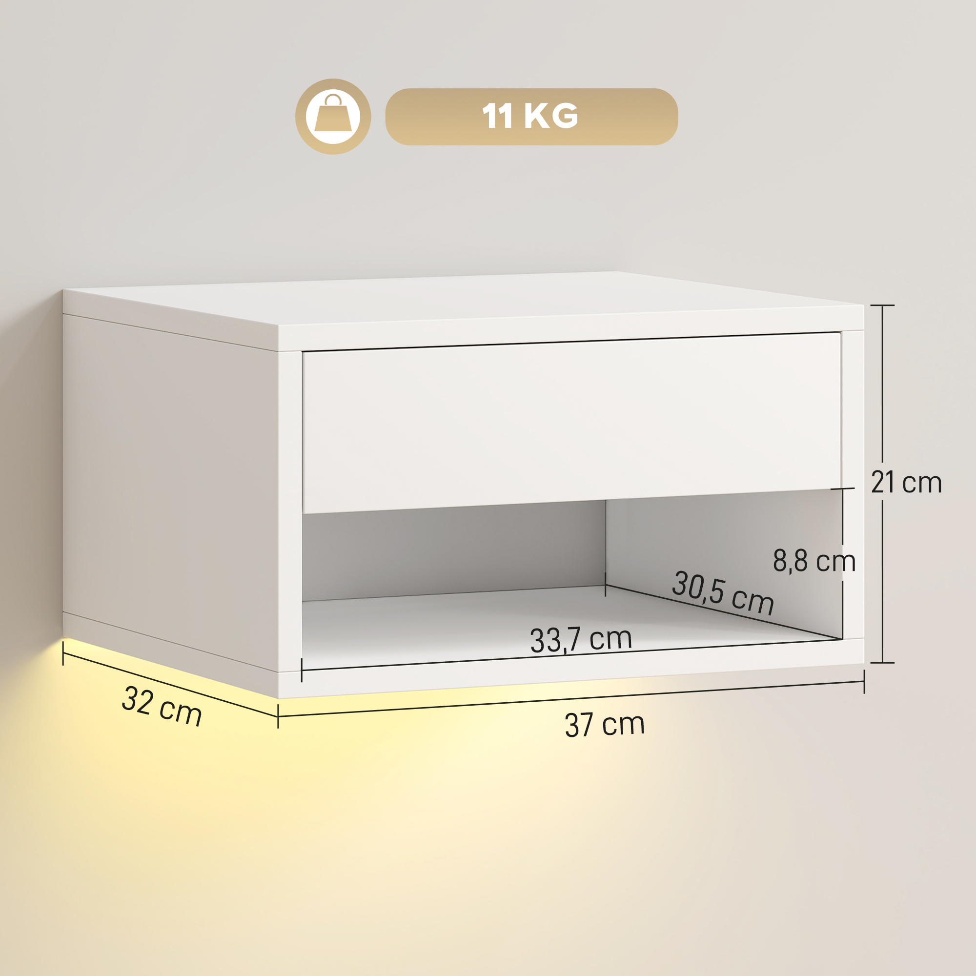 Nachttisch 2er-Set mit RGB-LED-Beleuchtung, schwebender Nachtschrank mit Schublade und offenem Fach, Weiß