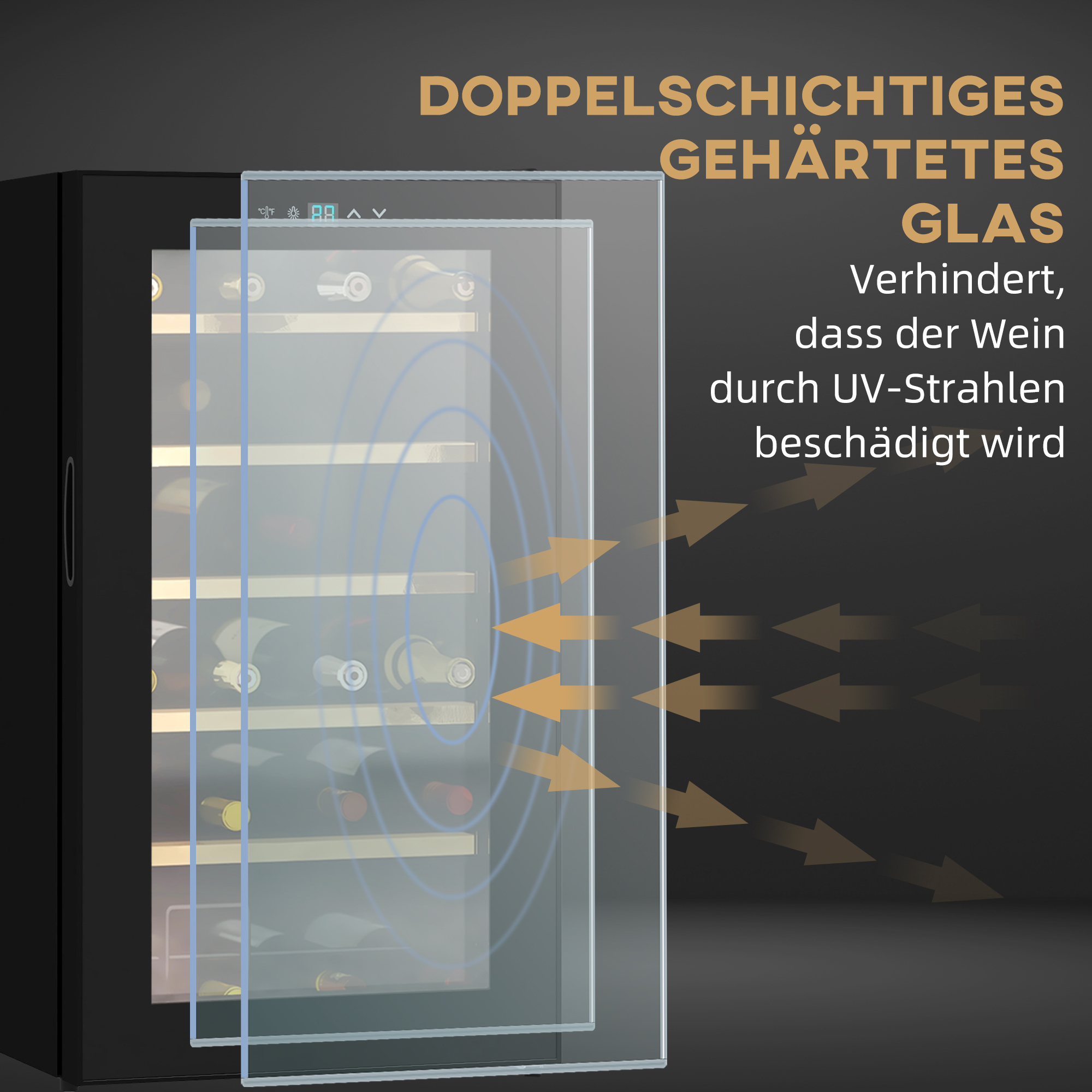 Weinkühlschrank klein Wohnzimmer für 24 Flaschen, einstellbare Temperatur 5 bis 20° C, LED-Beleuchtung, schwarz, 43 x 45 x 75 cm