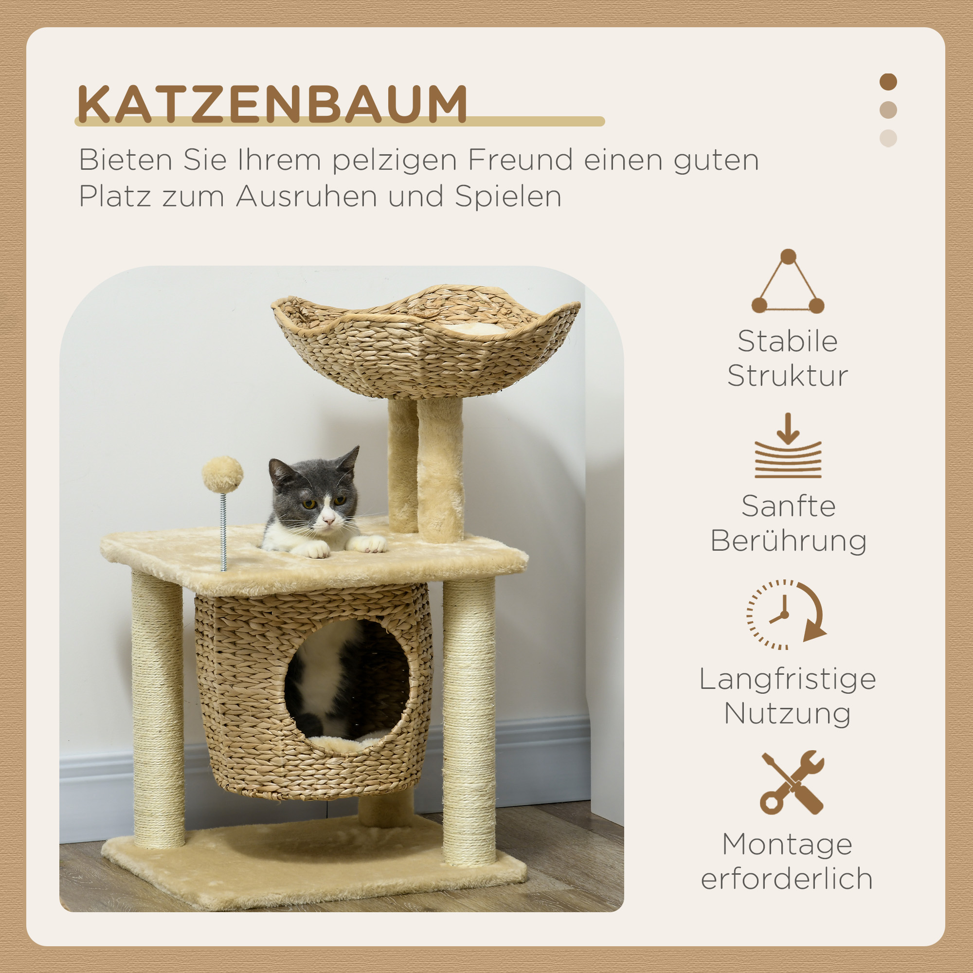 Kratzbaum mit Katzenhöhle, Liegeplattform, Spielball, 45x40x74cm, Beige