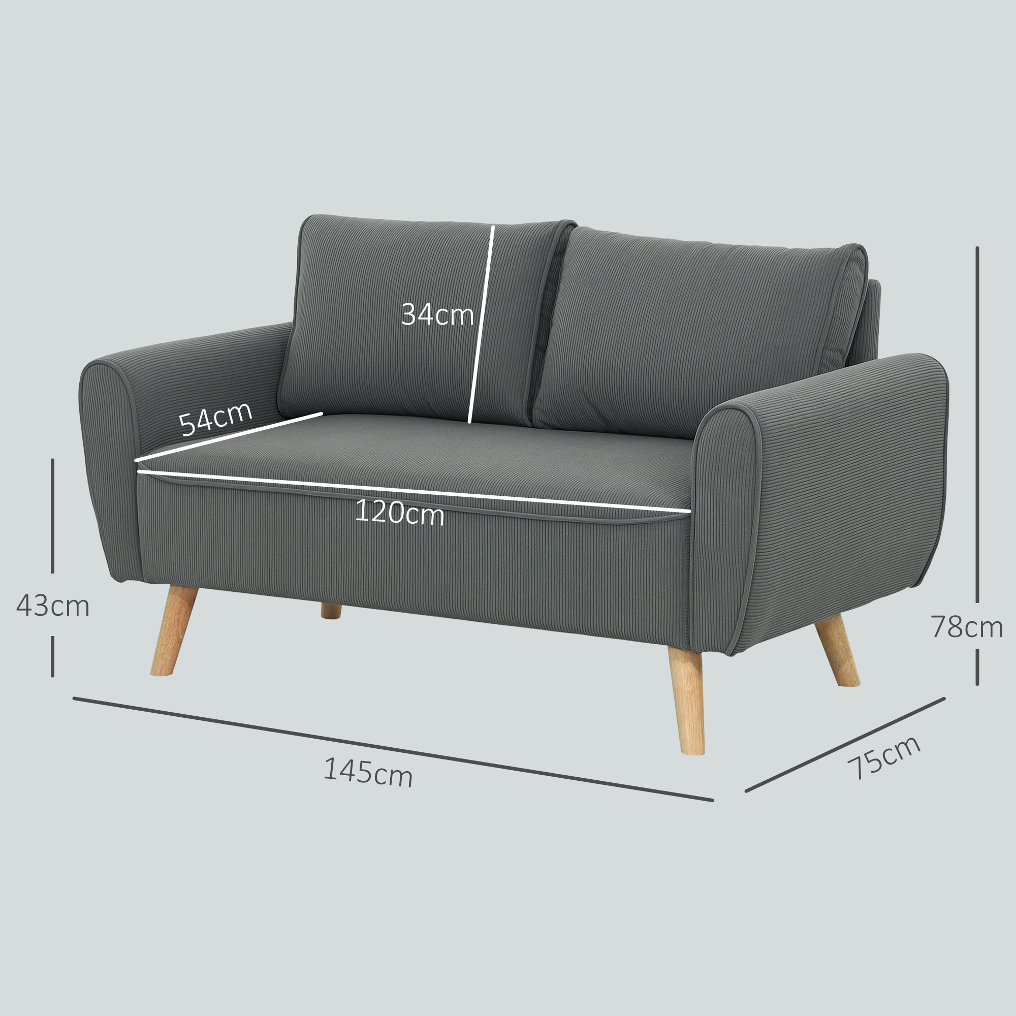 Zweisitzer-Sofa, Stoffcouch, 2 Rückenkissen, Cordbezug, 145 x 75 x 78 cm, Anthrazit