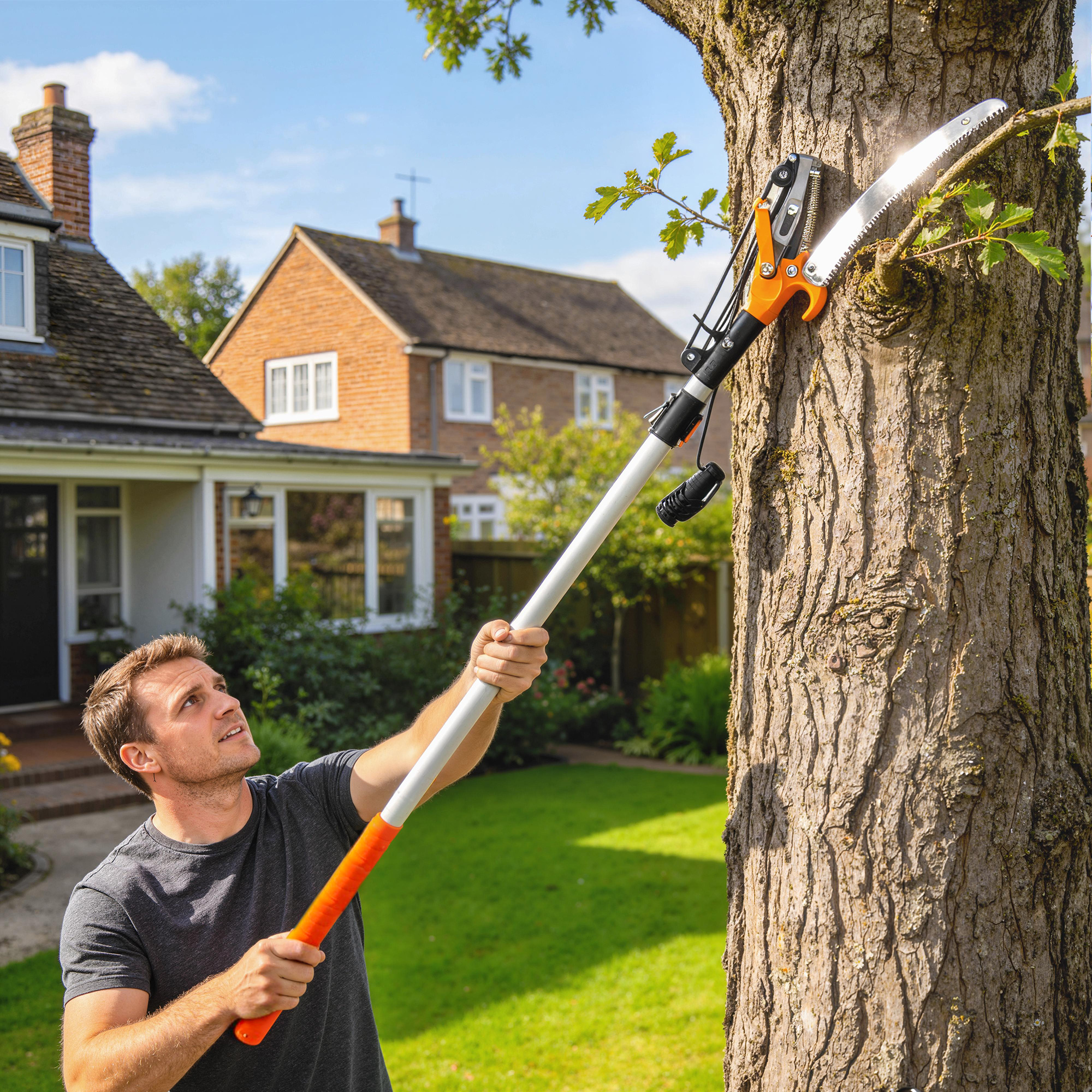2-in-1 Astsäge mit integrierter Astschere Baumsäge mit Teleskopstiel 135/172/199 cm für hohe Äste Orange