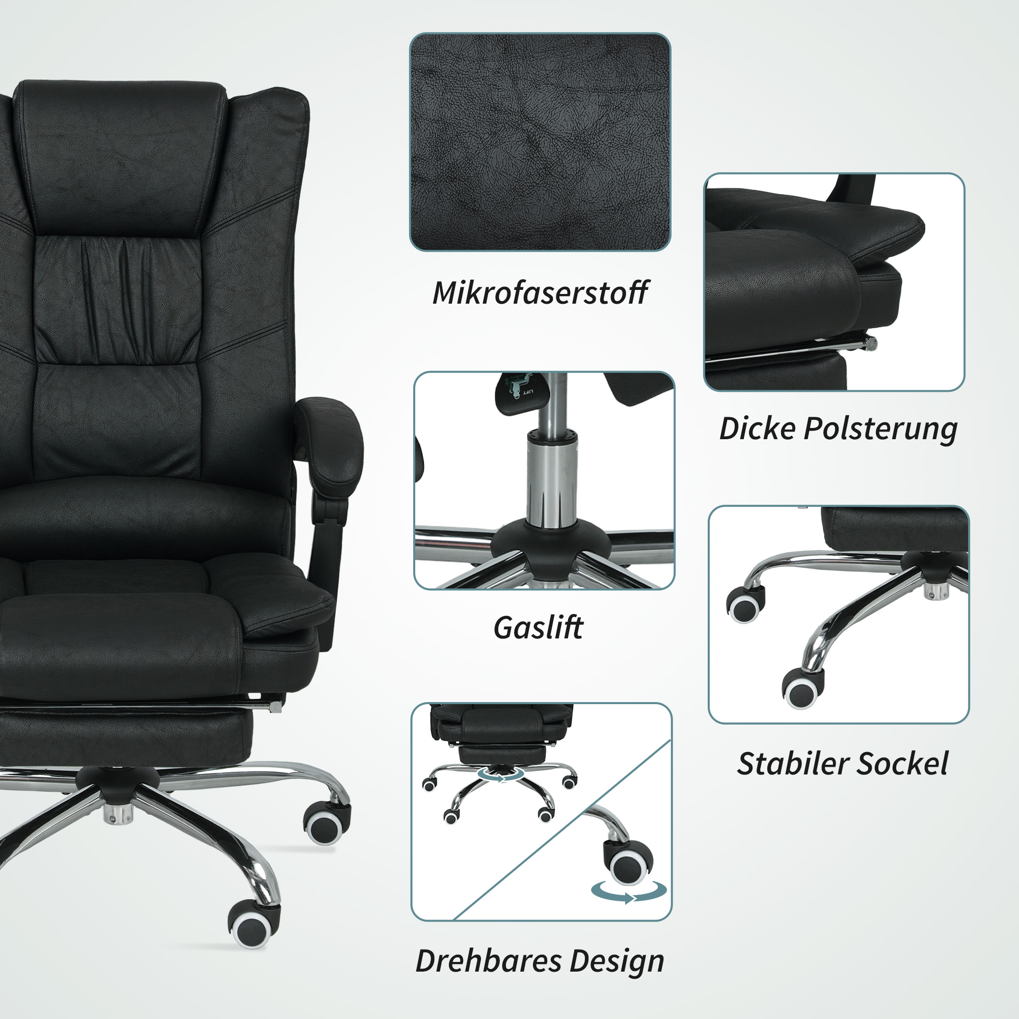 Massagstuhl Bürostuhl mit Massagefunktion, inkl. Fußstütze, höhenverstellbar, 64 cm x 70 cm x 118 cm, Schwarz